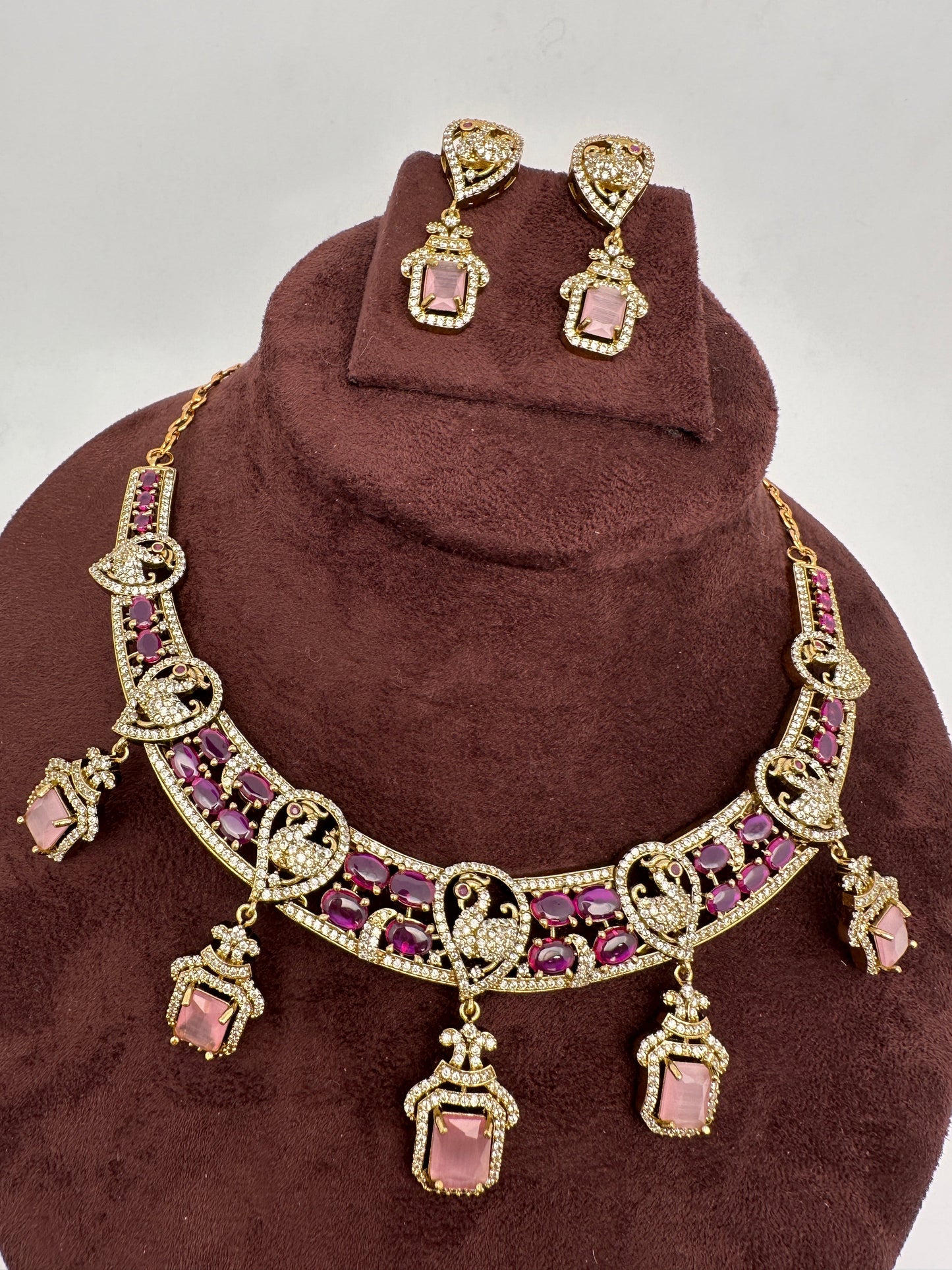 Peacock Mehendi Finish Neckline Color Stone Necklace - Pink