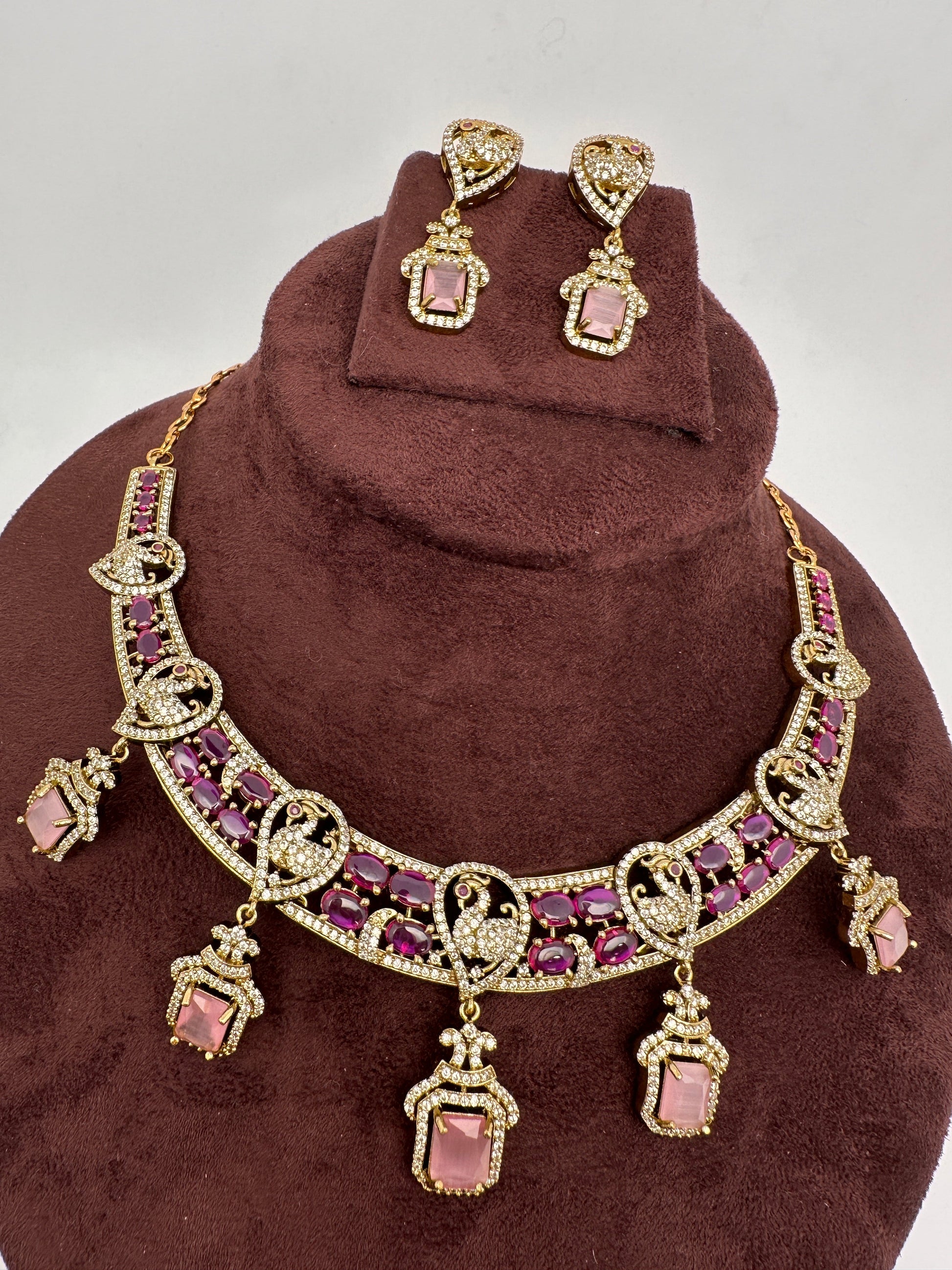 Peacock Mehendi Finish Neckline Color Stone Necklace - Pink