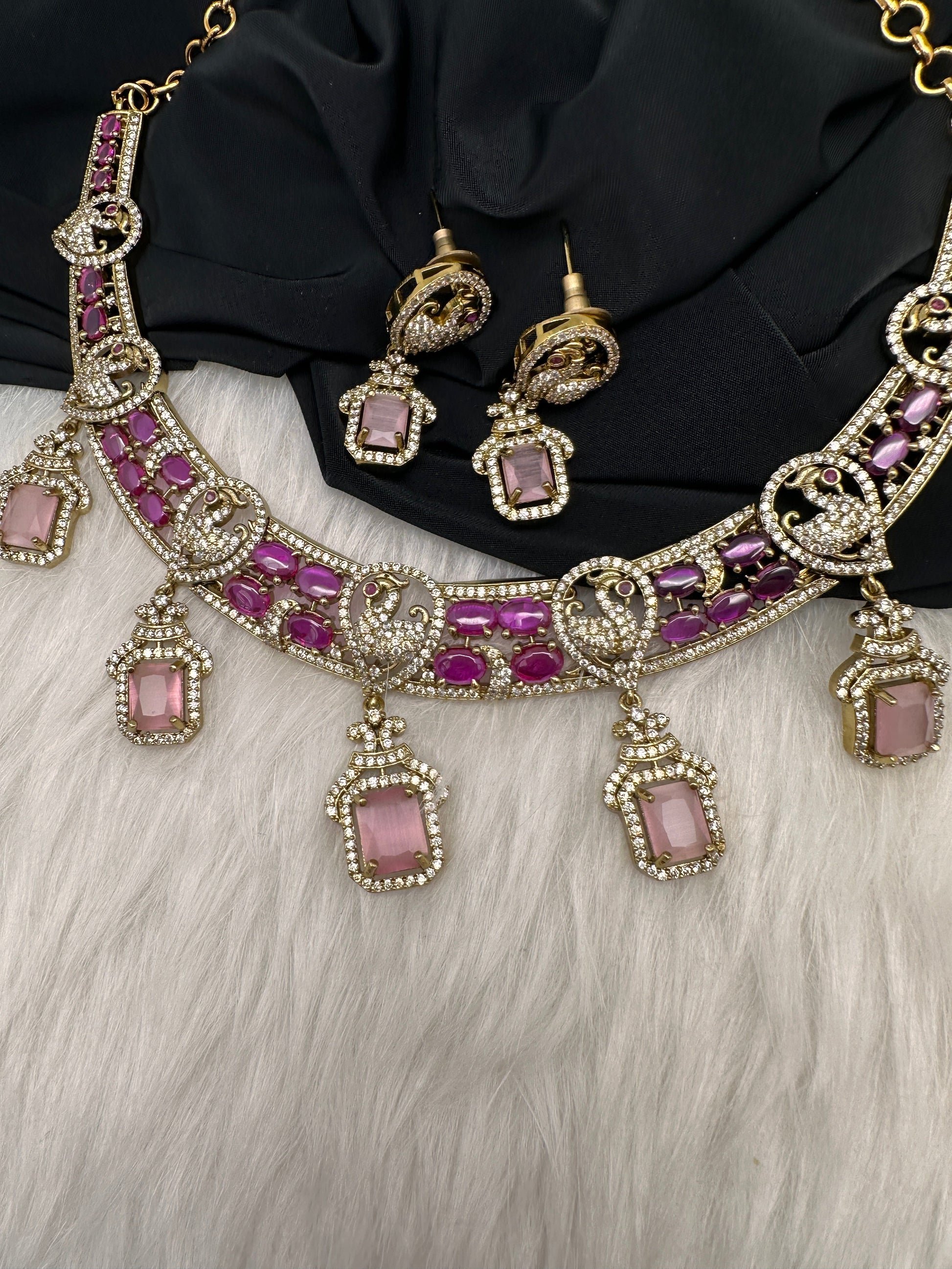 Peacock Mehendi Finish Neckline Color Stone Necklace - Pink