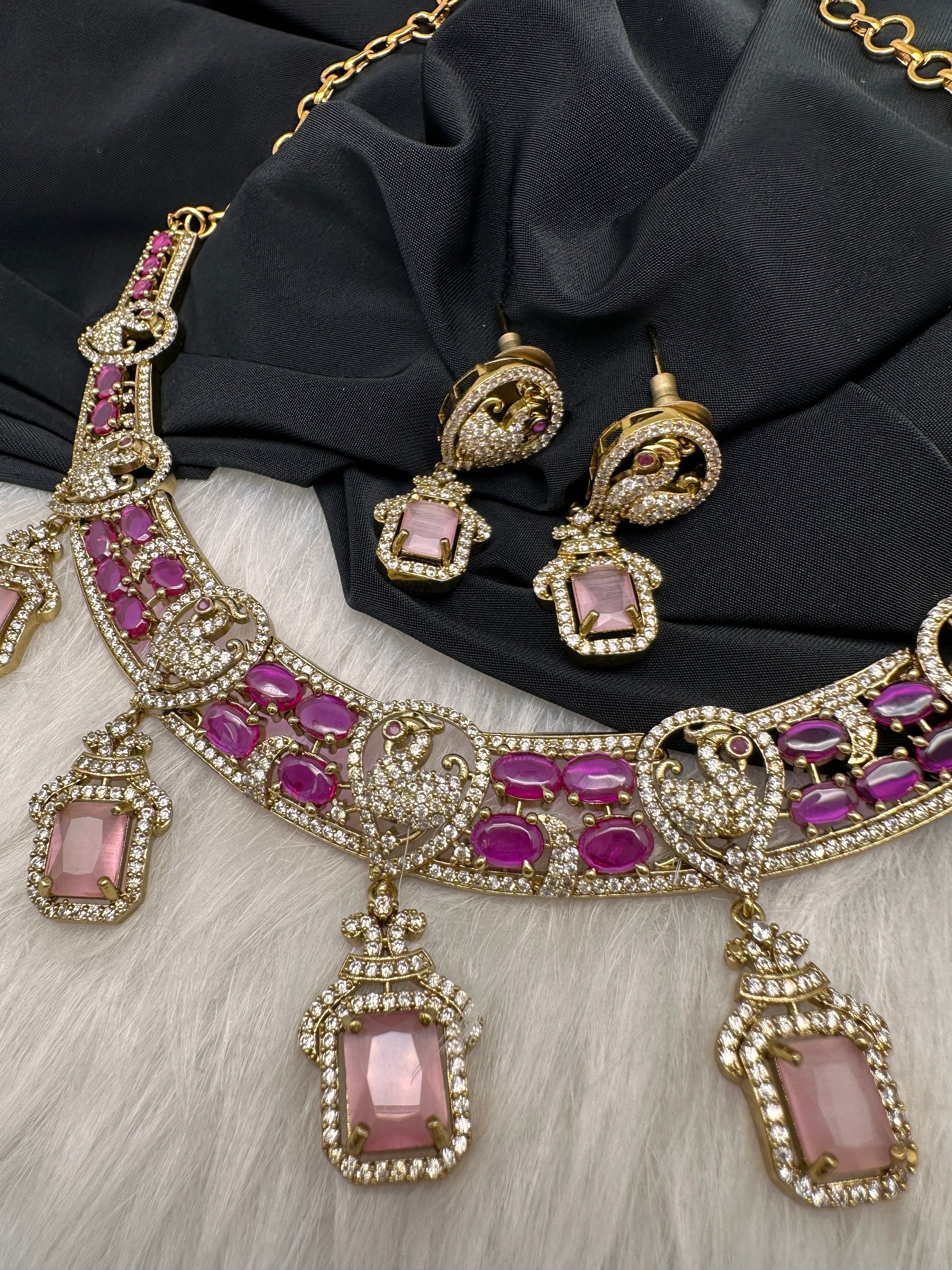 Peacock Mehendi Finish Neckline Color Stone Necklace - Pink