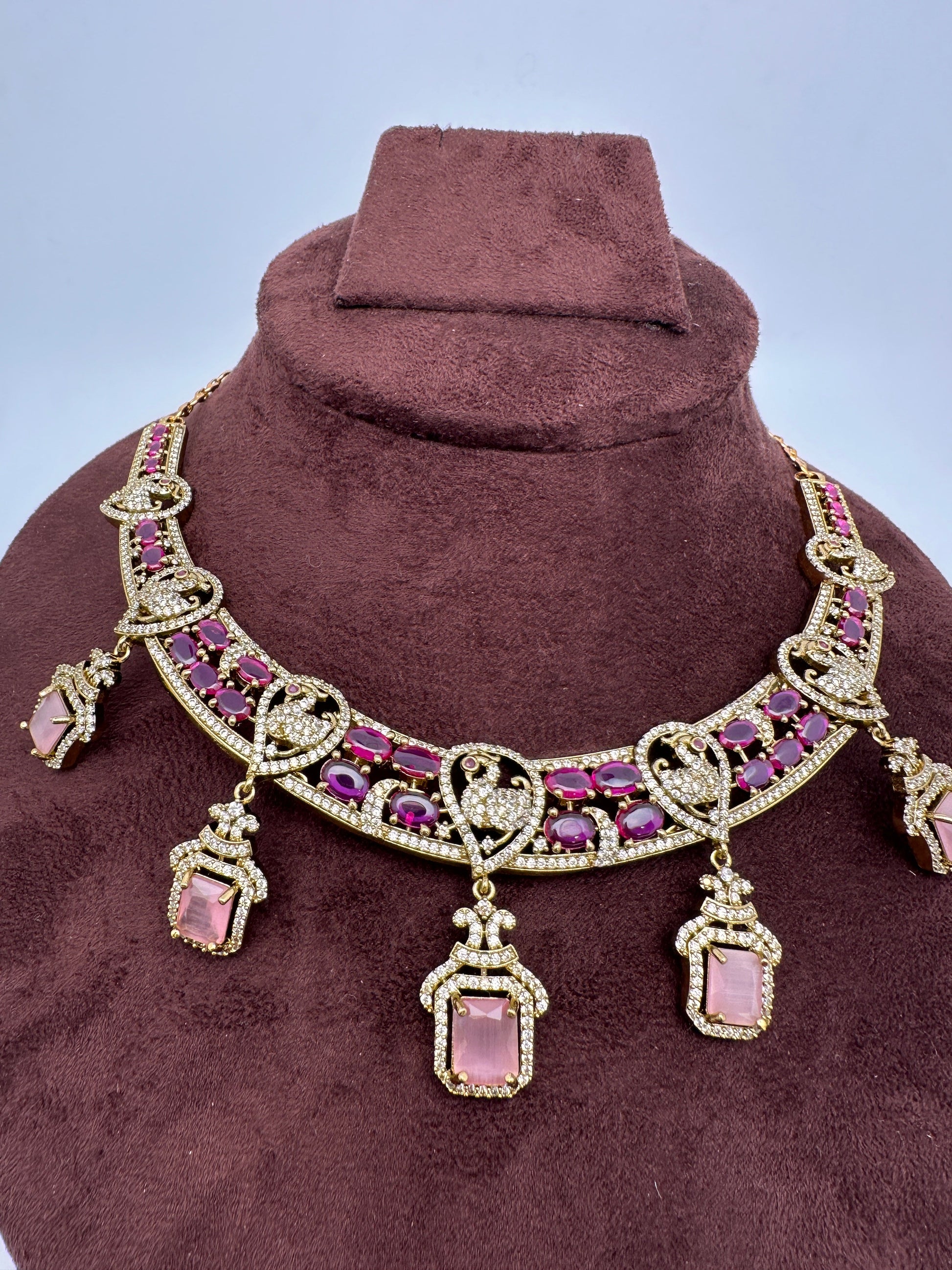 Peacock Mehendi Finish Neckline Color Stone Necklace - Pink