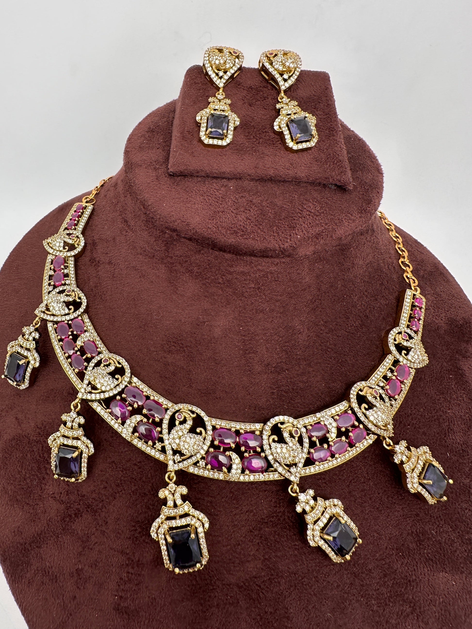 Peacock Mehendi Finish Neckline Color Stone Necklace - Purple