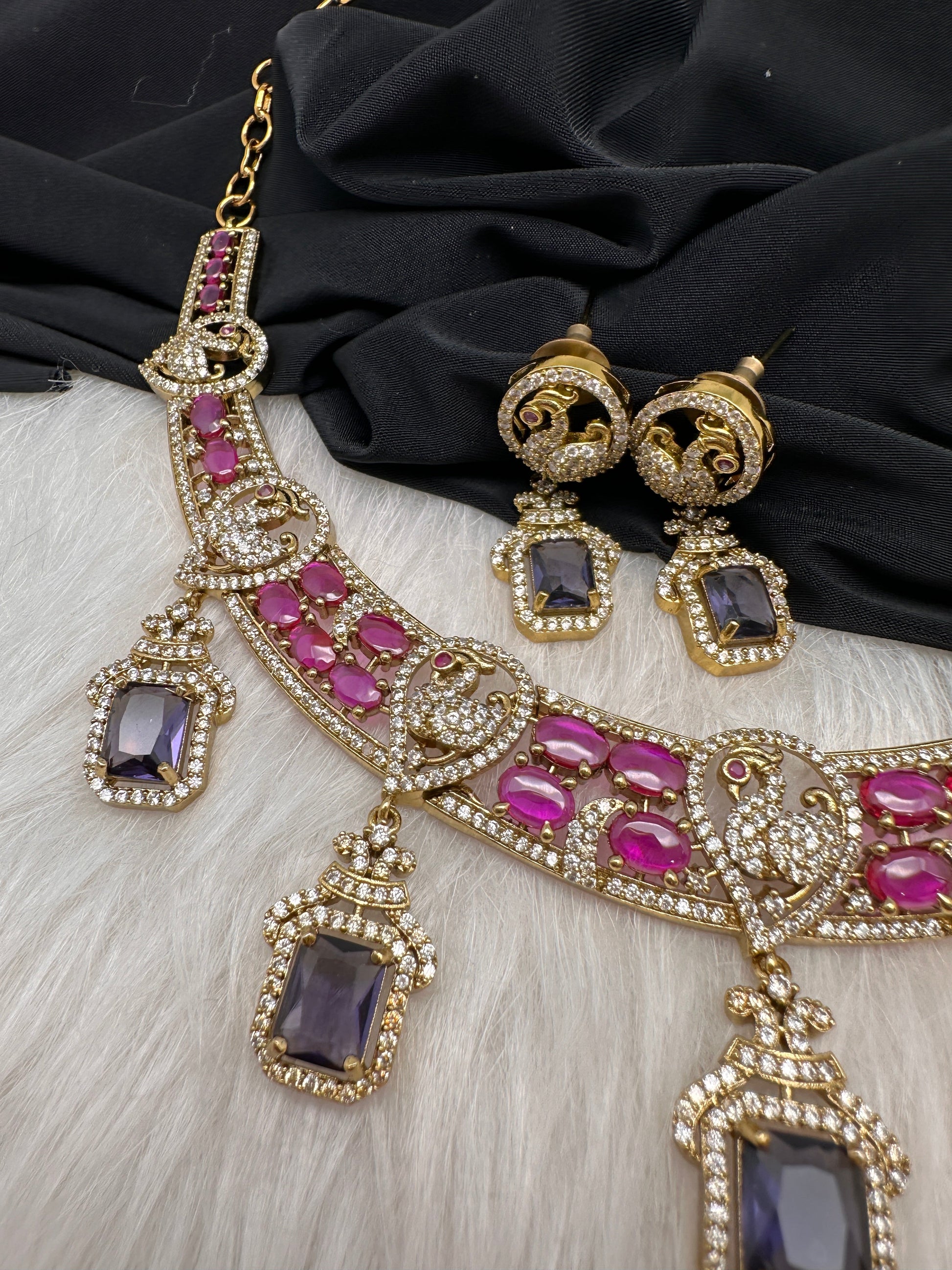 Peacock Mehendi Finish Neckline Color Stone Necklace - Purple