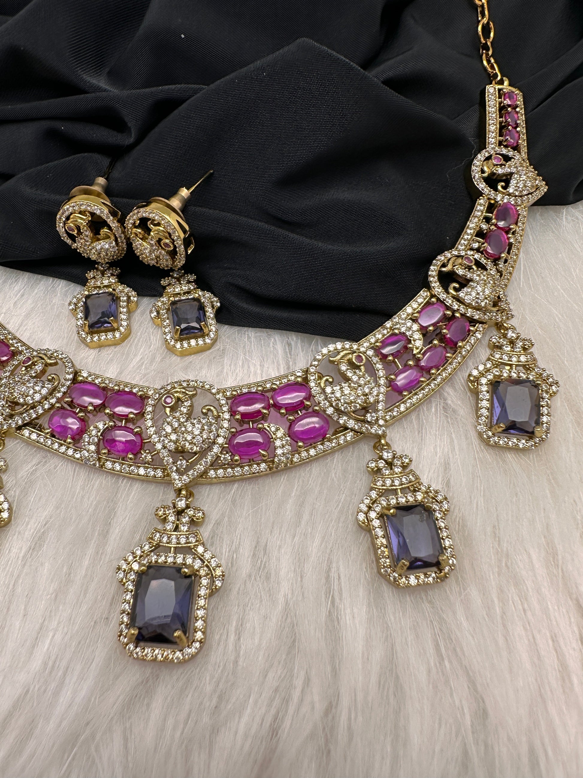 Peacock Mehendi Finish Neckline Color Stone Necklace - Purple