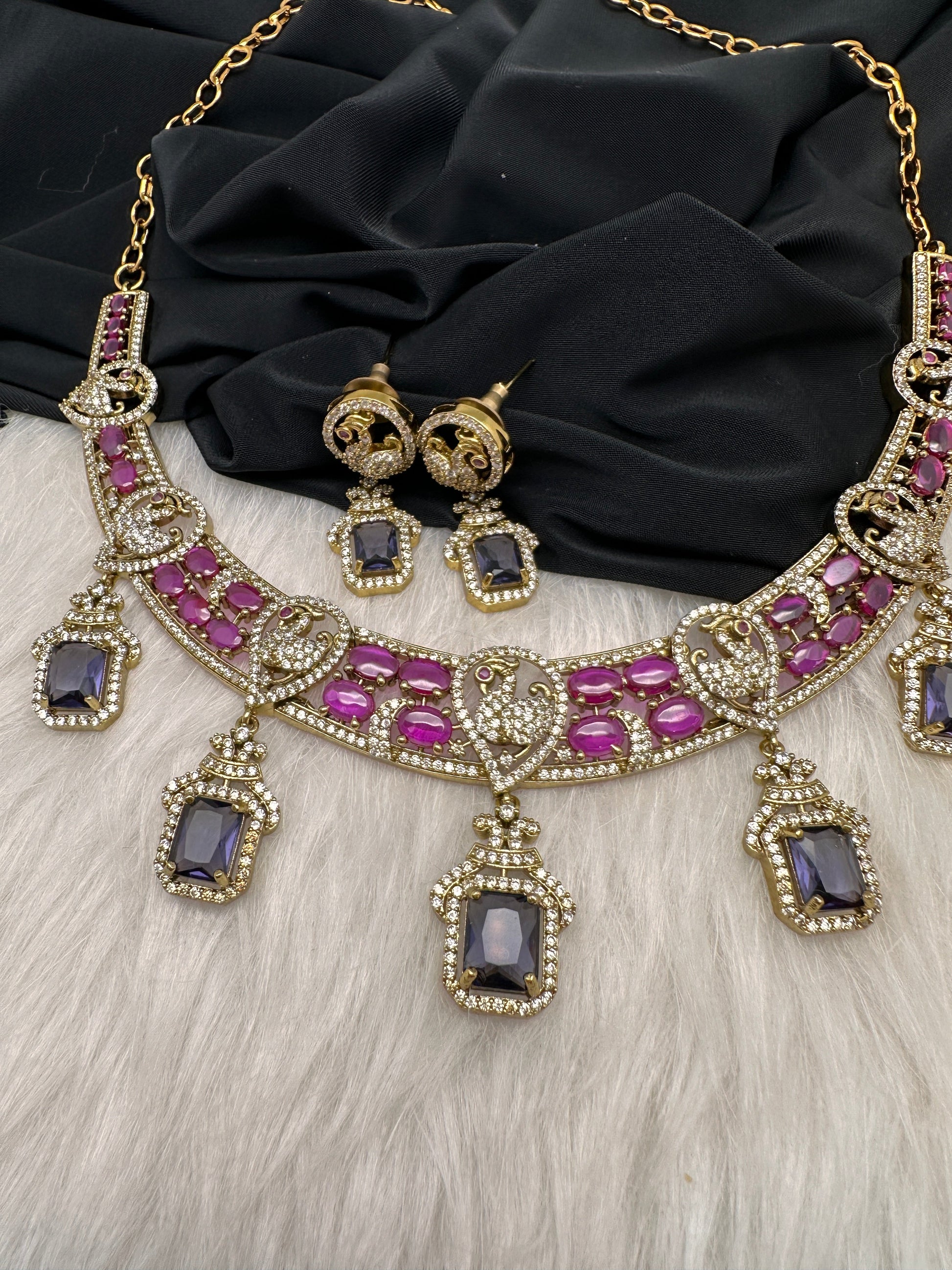 Peacock Mehendi Finish Neckline Color Stone Necklace - Purple