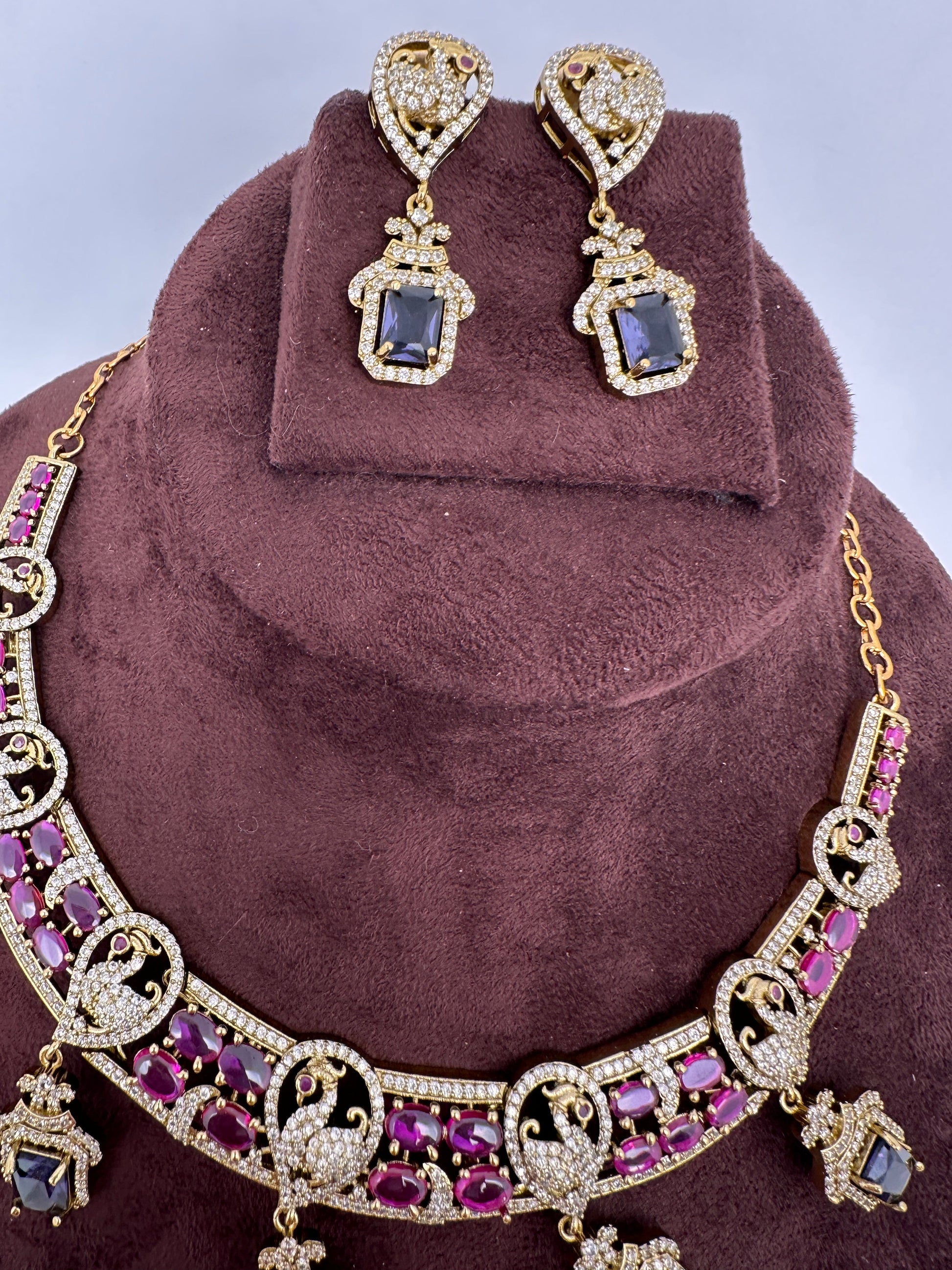Peacock Mehendi Finish Neckline Color Stone Necklace - Purple