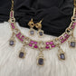 Peacock Mehendi Finish Neckline Color Stone Necklace - Purple