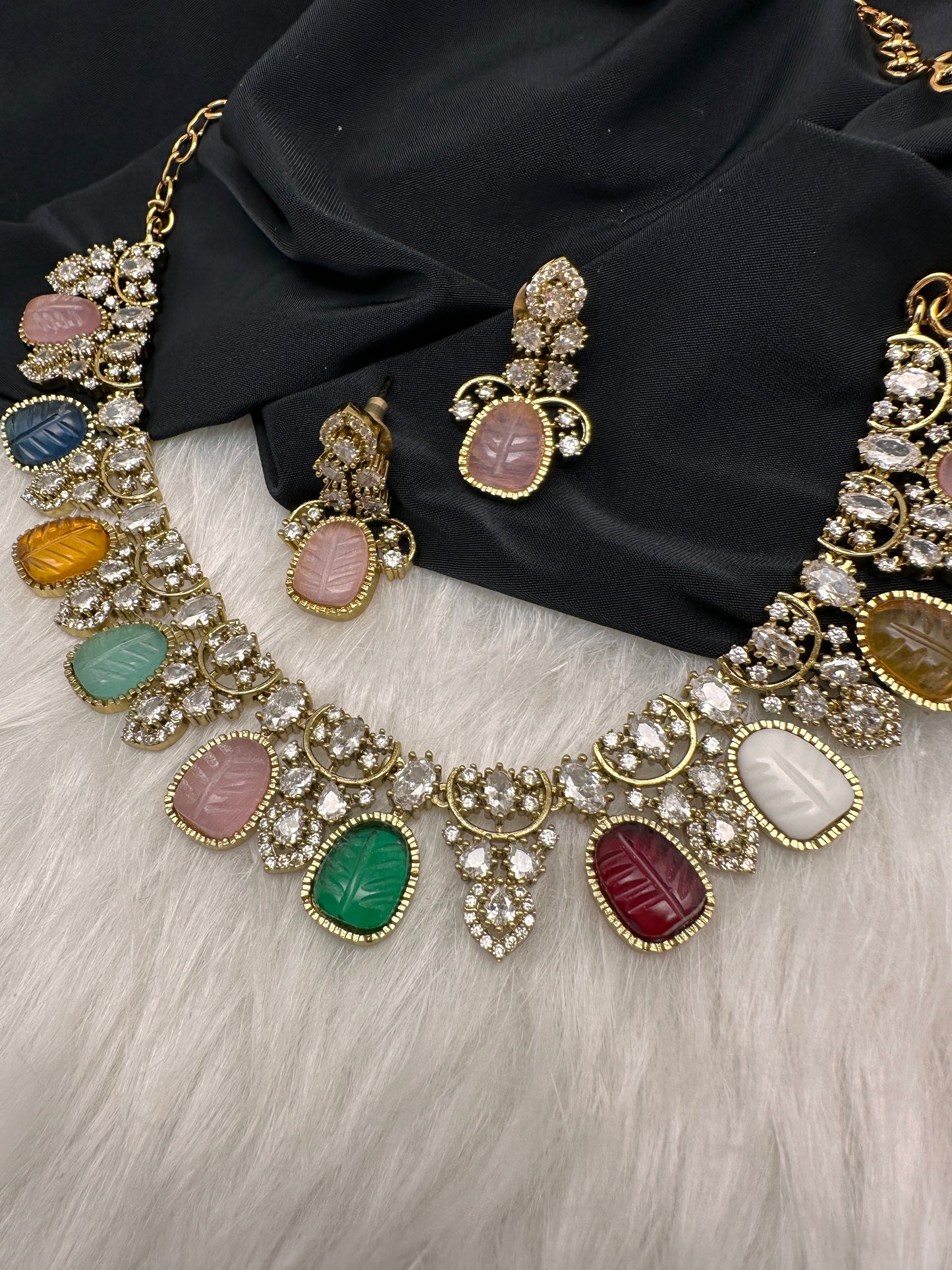 Multi Color Carved Stones  Neckline Necklace