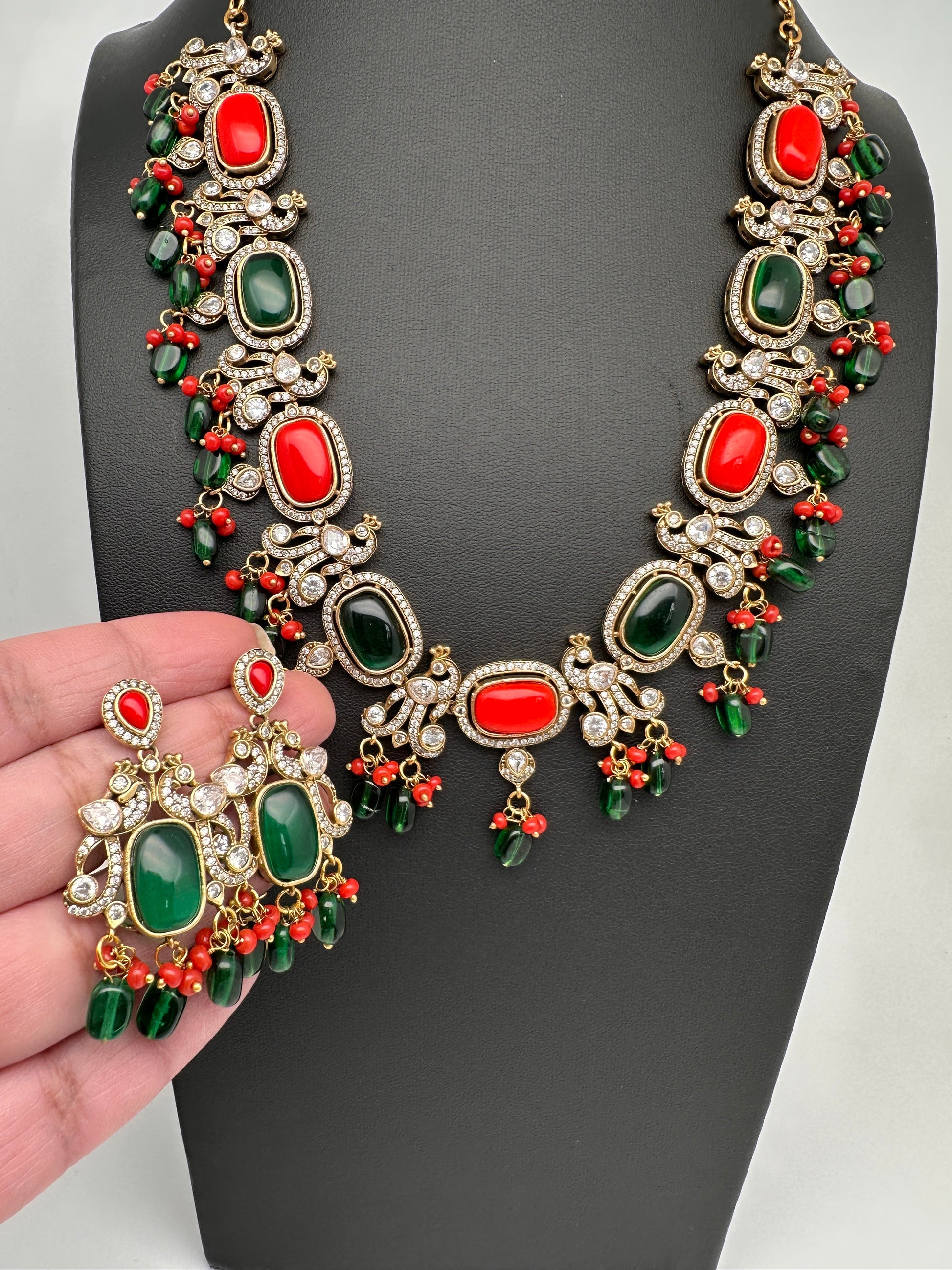 Moissanite Mehendi Finish Neckline Color Stone Necklace - Coral
