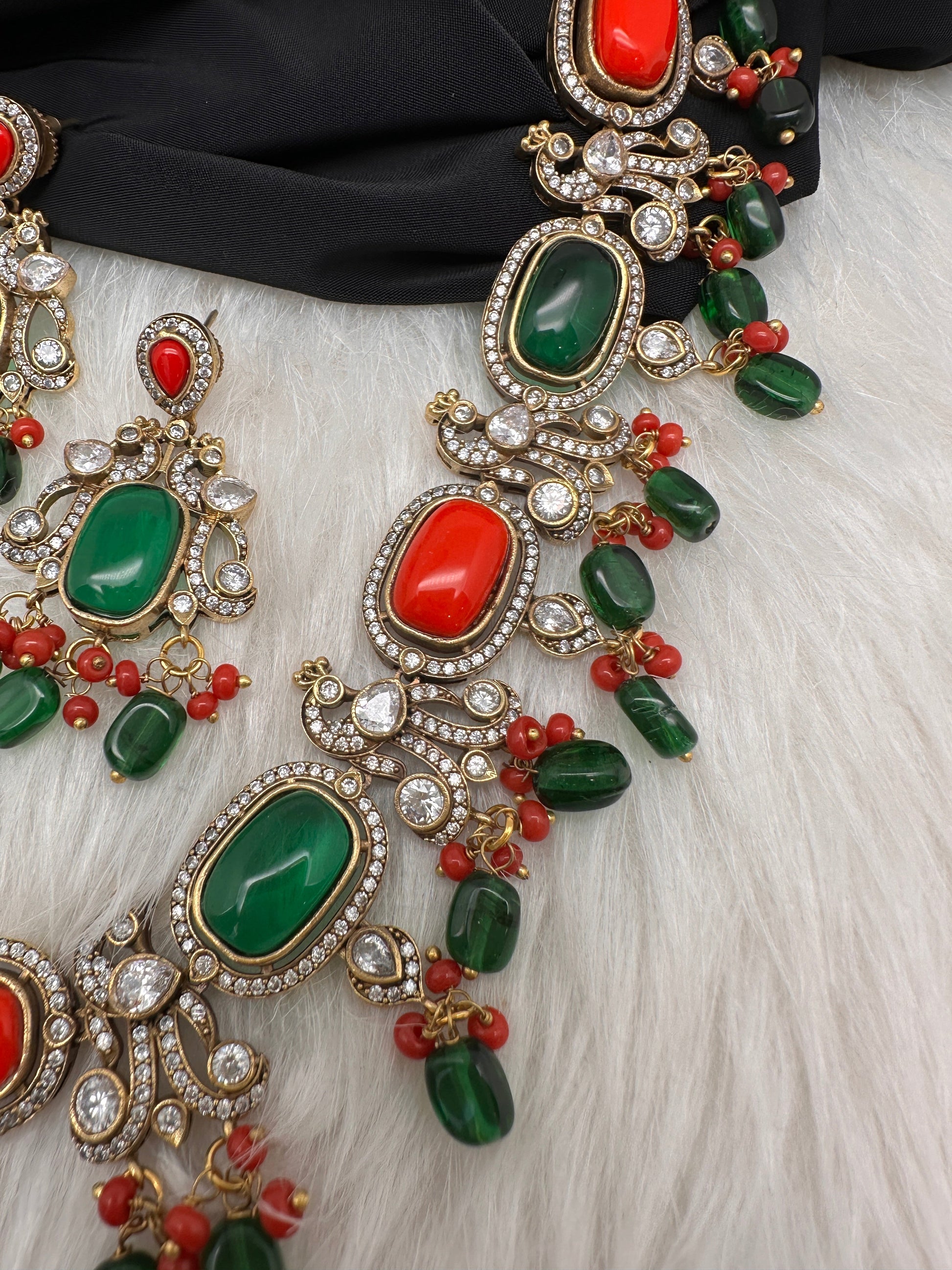 Moissanite Mehendi Finish Neckline Color Stone Necklace - Coral