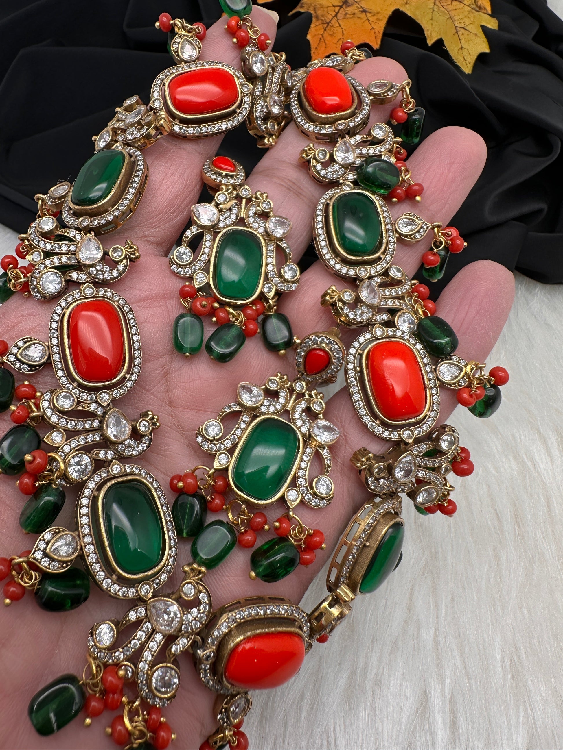 Moissanite Mehendi Finish Neckline Color Stone Necklace - Coral