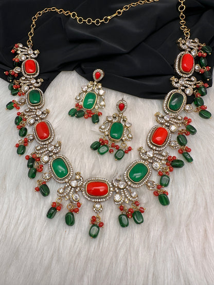 Moissanite Mehendi Finish Neckline Color Stone Necklace - Coral