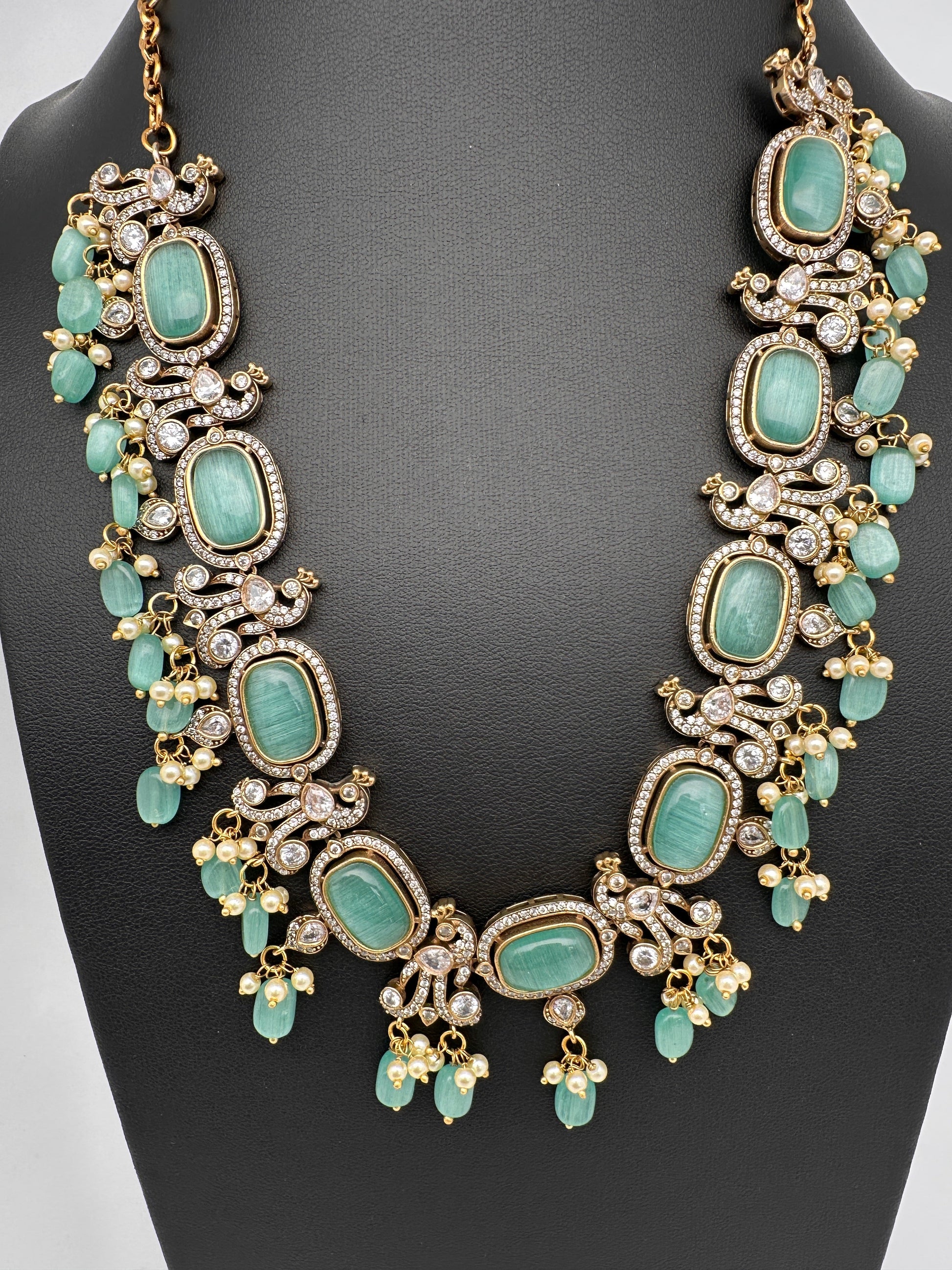 Moissanite Mehendi Finish Neckline Color Stone Necklace - LightGreen