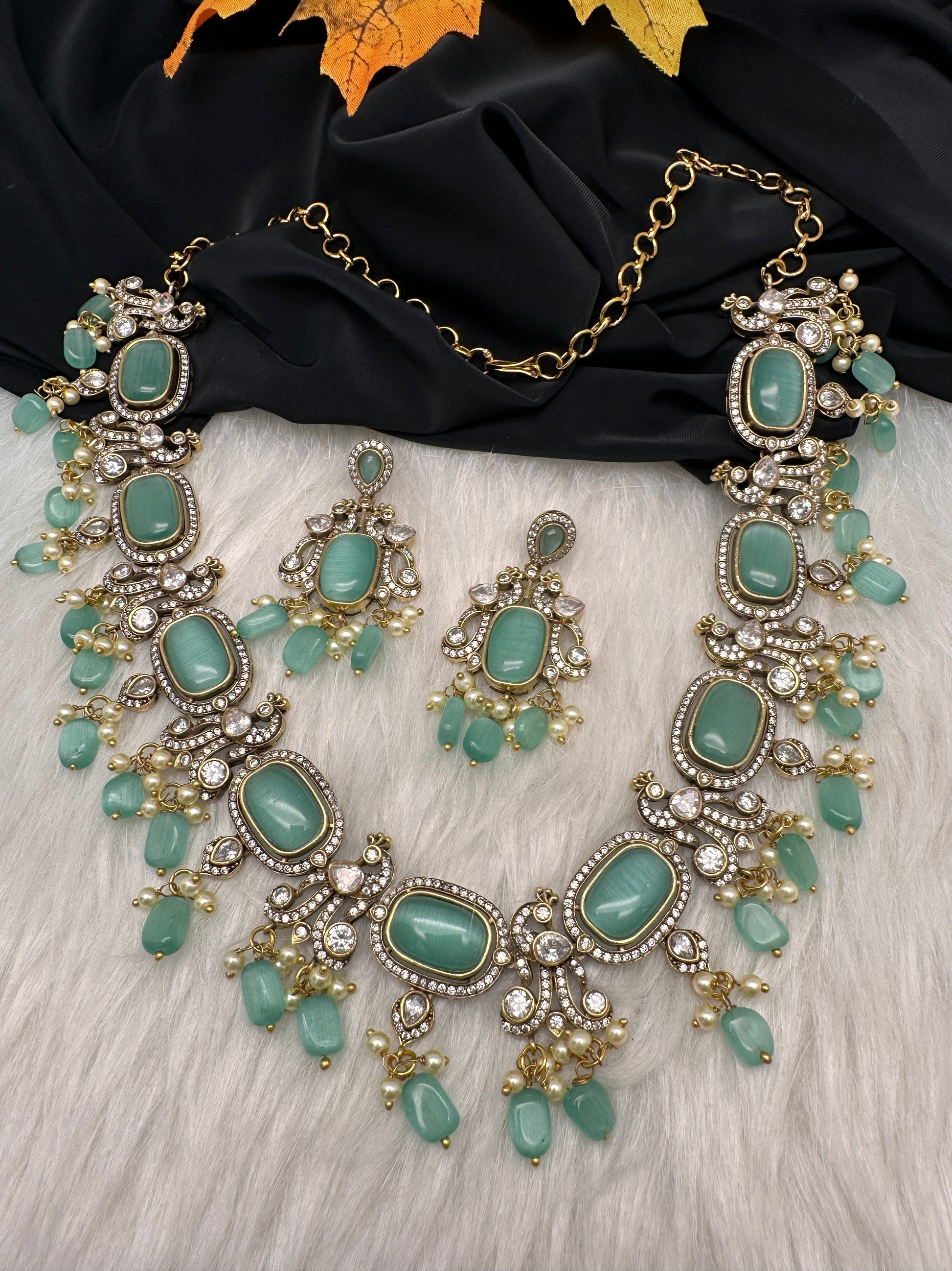 Moissanite Mehendi Finish Neckline Color Stone Necklace - LightGreen