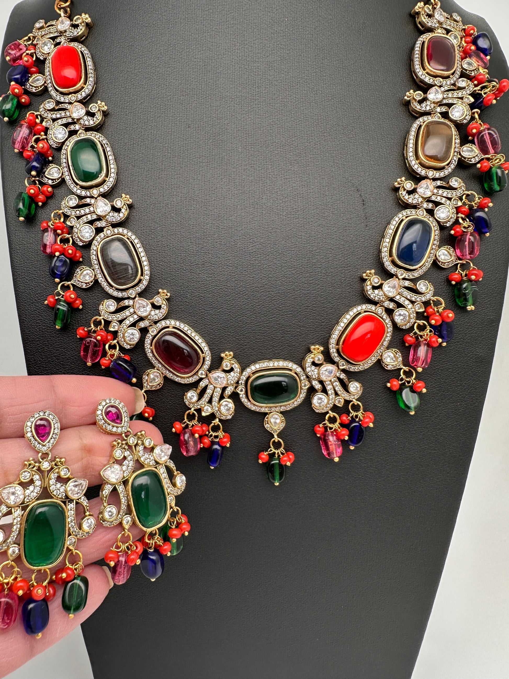 Moissanite Mehendi Finish Neckline Color Stone Necklace - Red