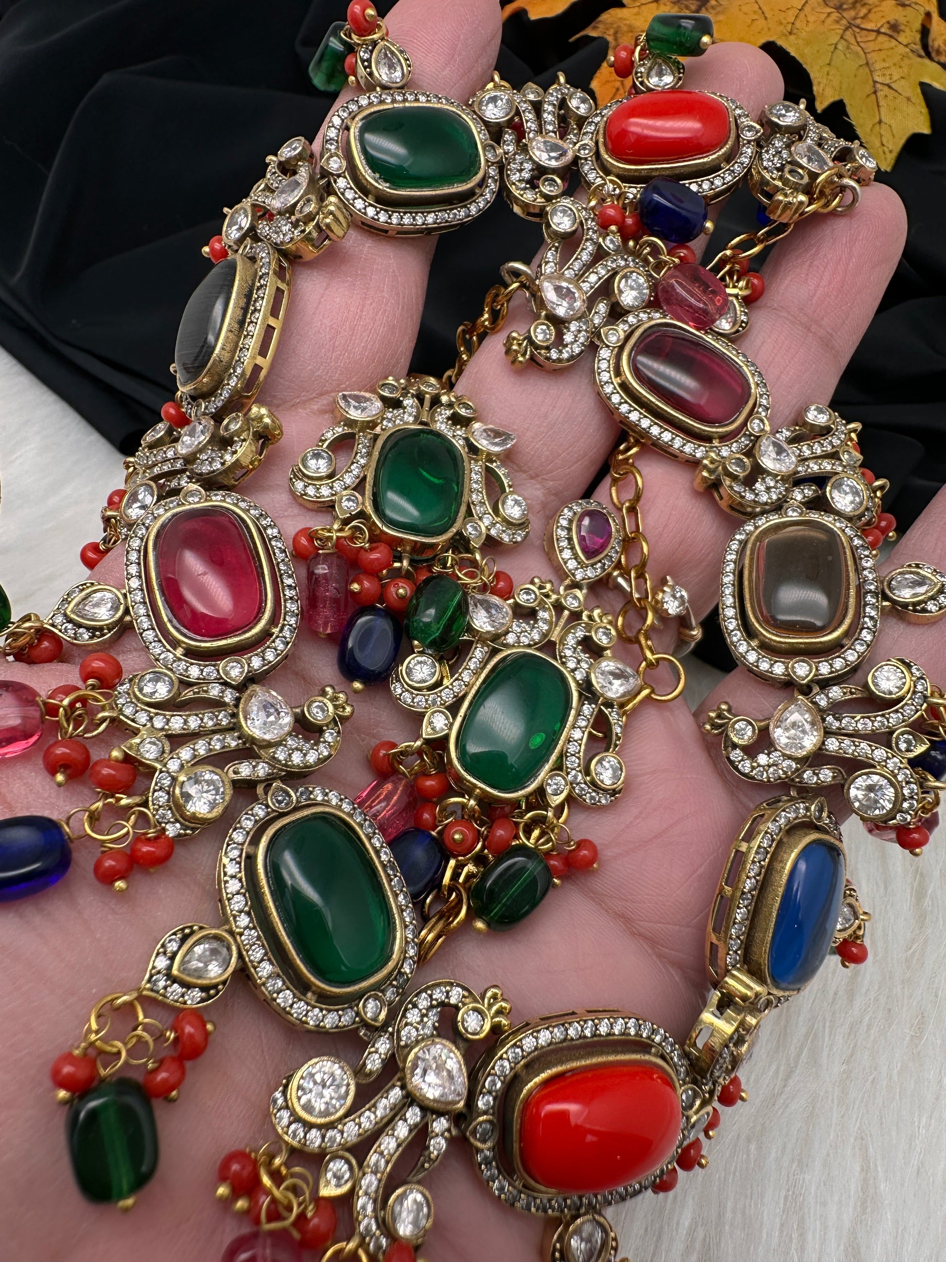 Moissanite Mehendi Finish Neckline Color Stone Necklace - Red