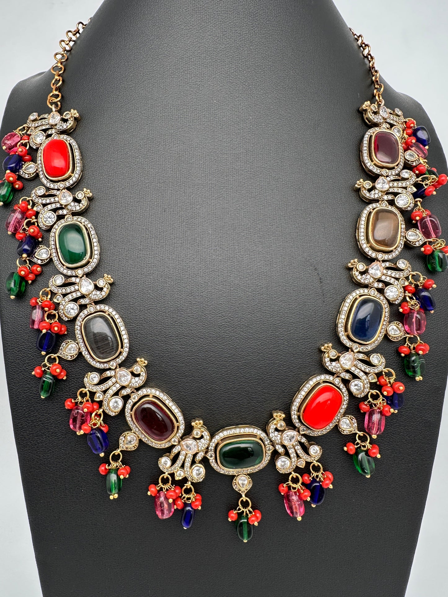 Moissanite Mehendi Finish Neckline Color Stone Necklace - Red