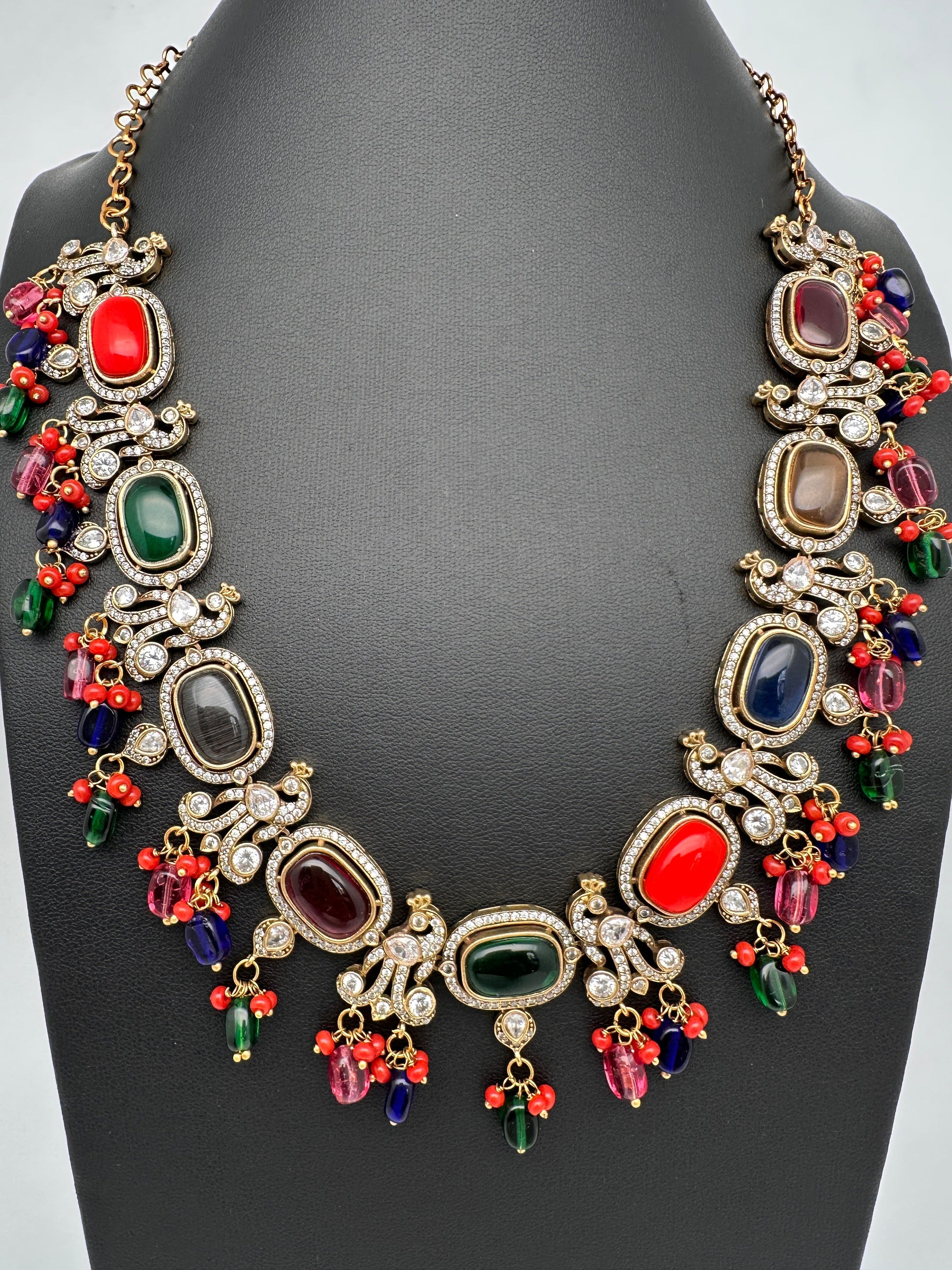 Moissanite Mehendi Finish Neckline Color Stone Necklace - Red