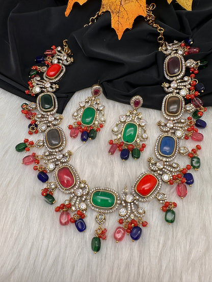 Moissanite Mehendi Finish Neckline Color Stone Necklace - Red