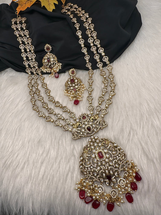 Moissanite Mehendi Finish Long Color Stone Necklace - Red