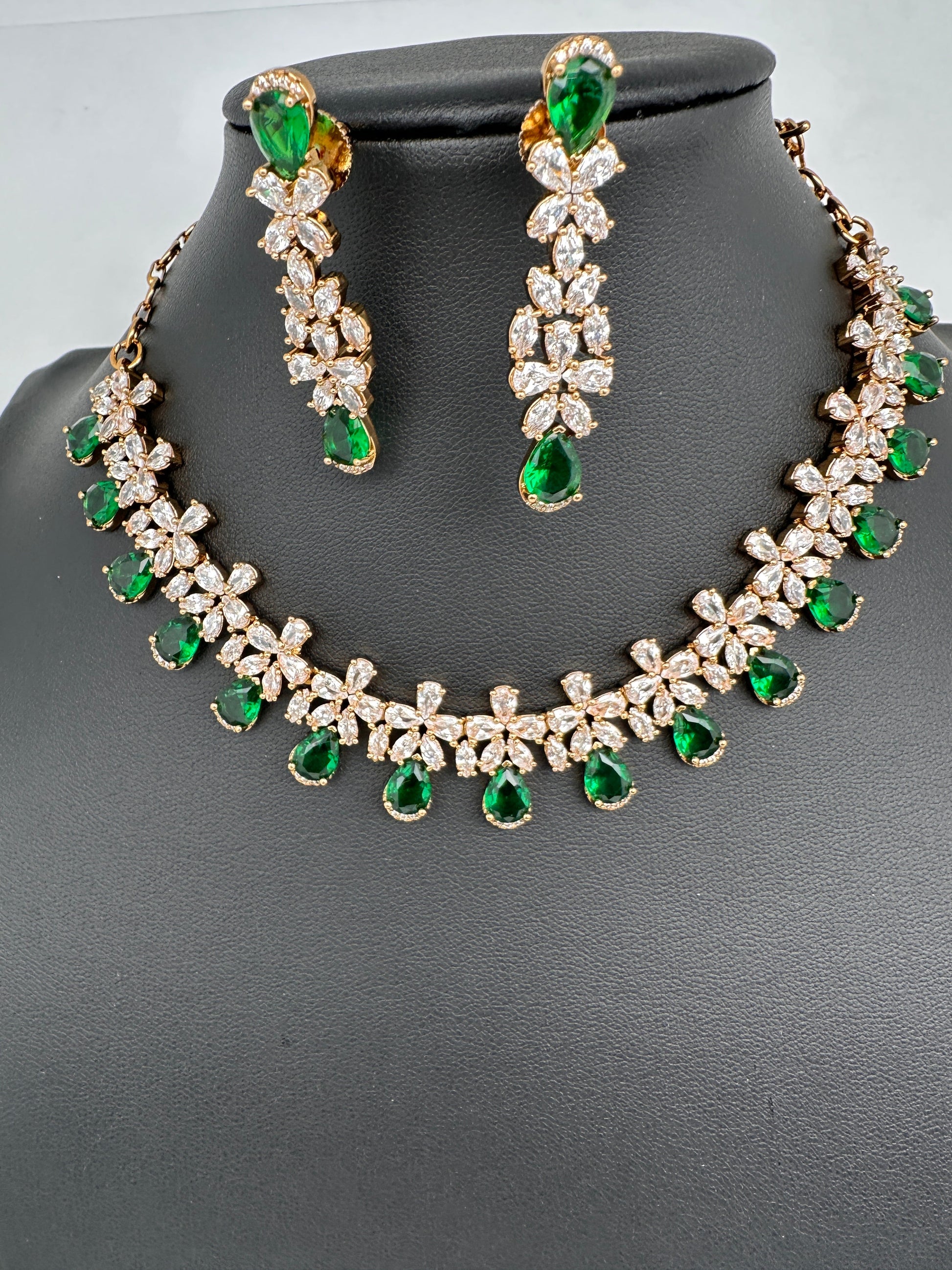 CZ Mehendi Finish Color Stone Necklace - Green