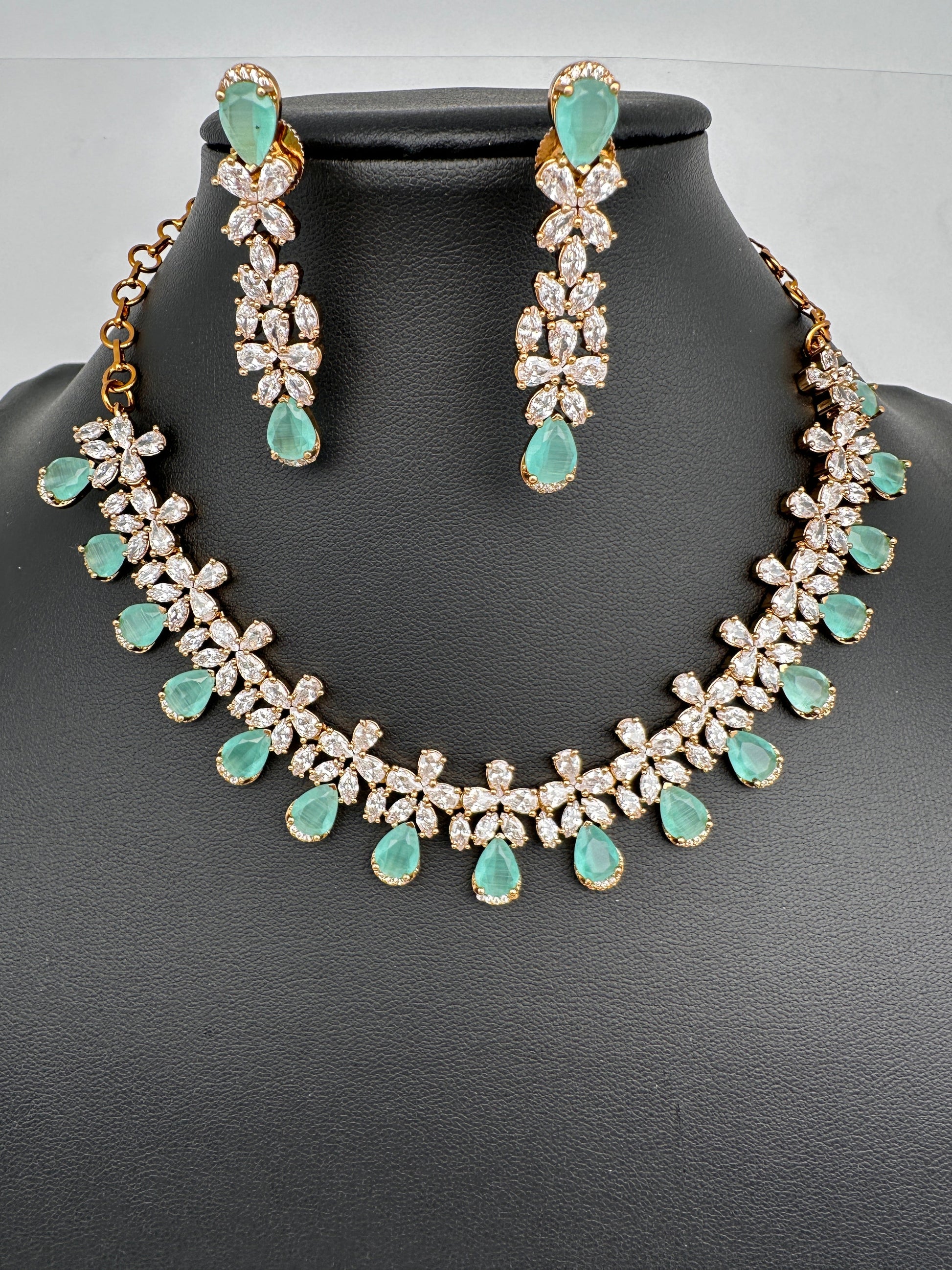 CZ Mehendi Finish Color Stone Necklace - MintGreen