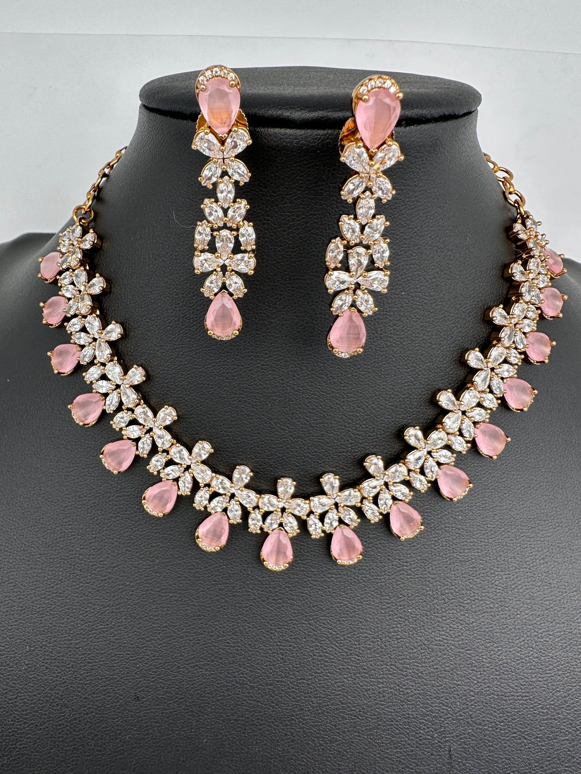CZ Mehendi Finish Color Stone Necklace - Pink