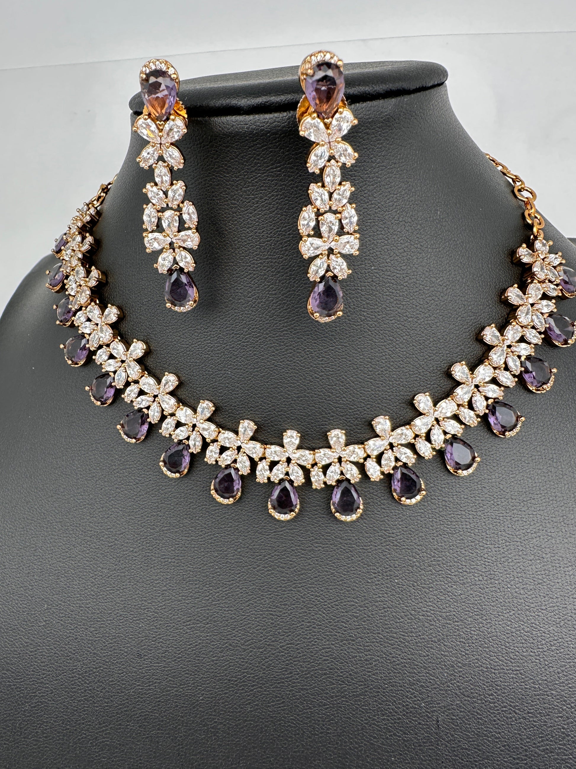 CZ Mehendi Finish Color Stone Necklace - Purple