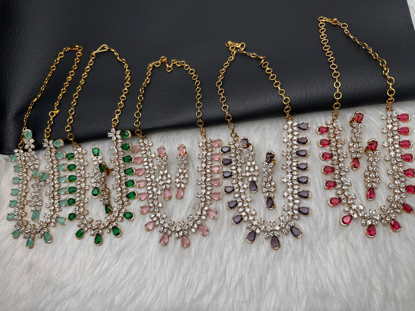 CZ Mehendi Finish Color Stone Necklace - Red