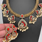 CZ Moissanite Peacock Mehendi Finish Jalebi Color Stone Necklace - Coral
