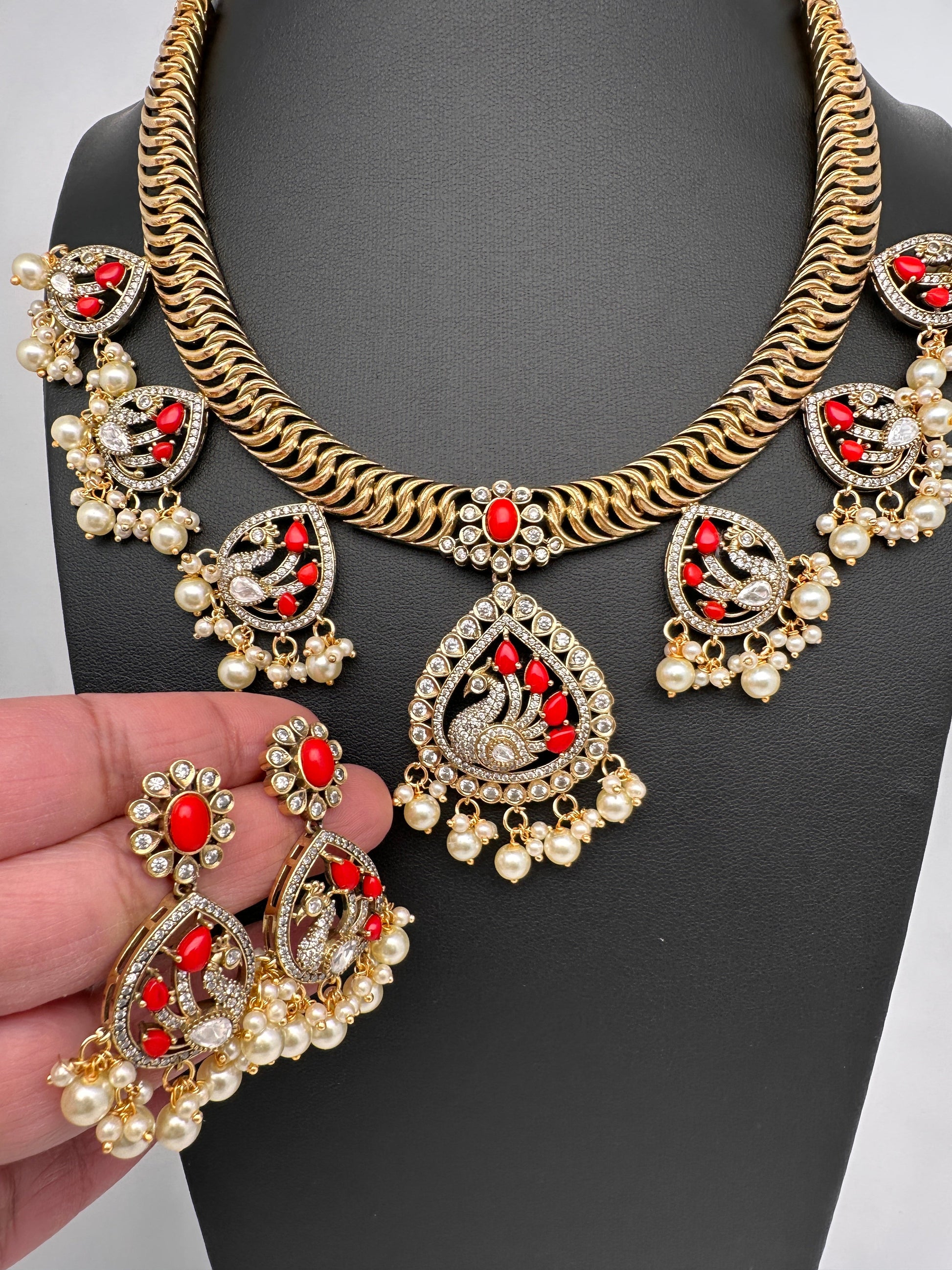 CZ Moissanite Peacock Mehendi Finish Jalebi Color Stone Necklace - Coral