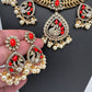 CZ Moissanite Peacock Mehendi Finish Jalebi Color Stone Necklace - Coral