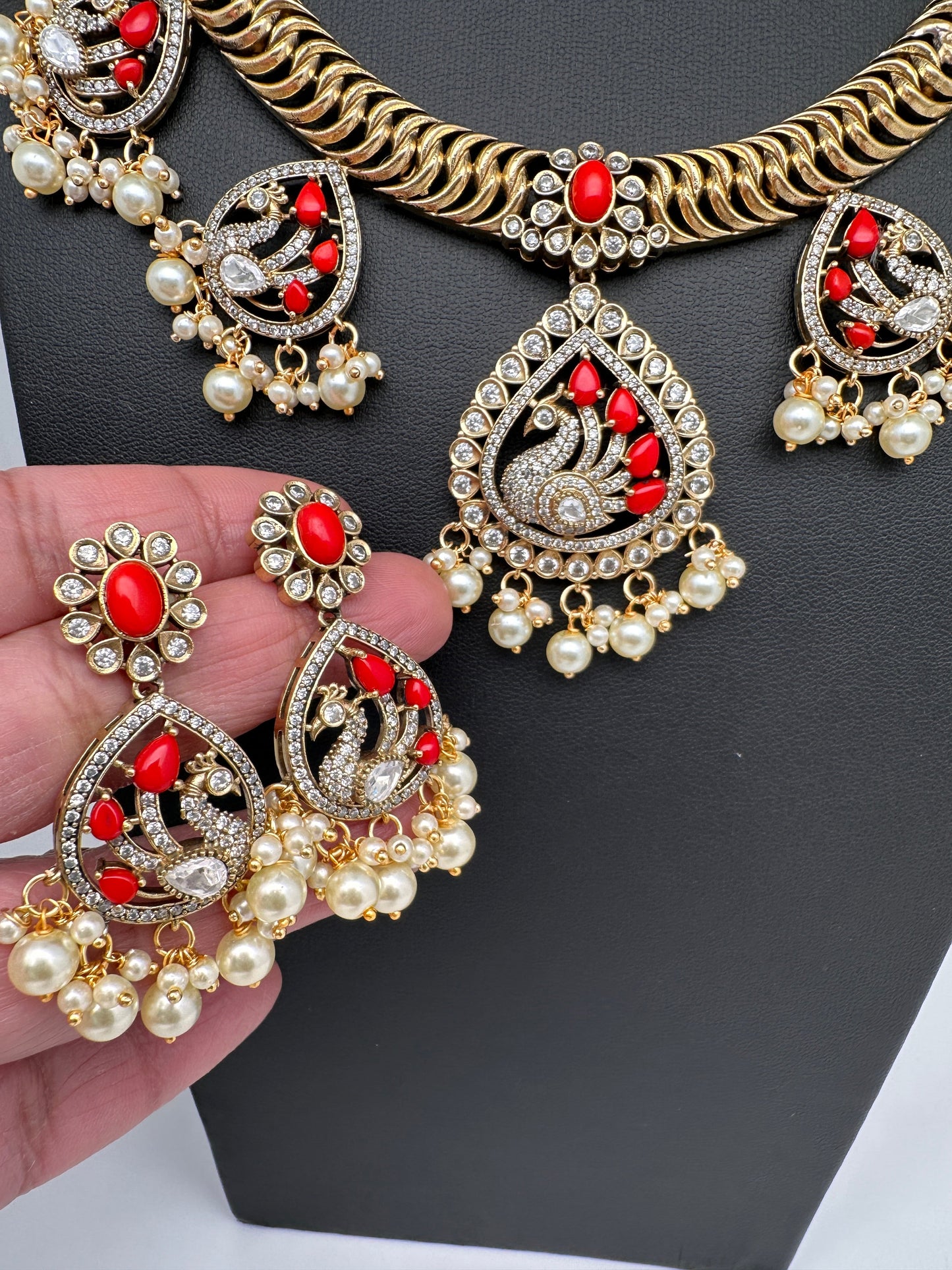 CZ Moissanite Peacock Mehendi Finish Jalebi Color Stone Necklace - Coral
