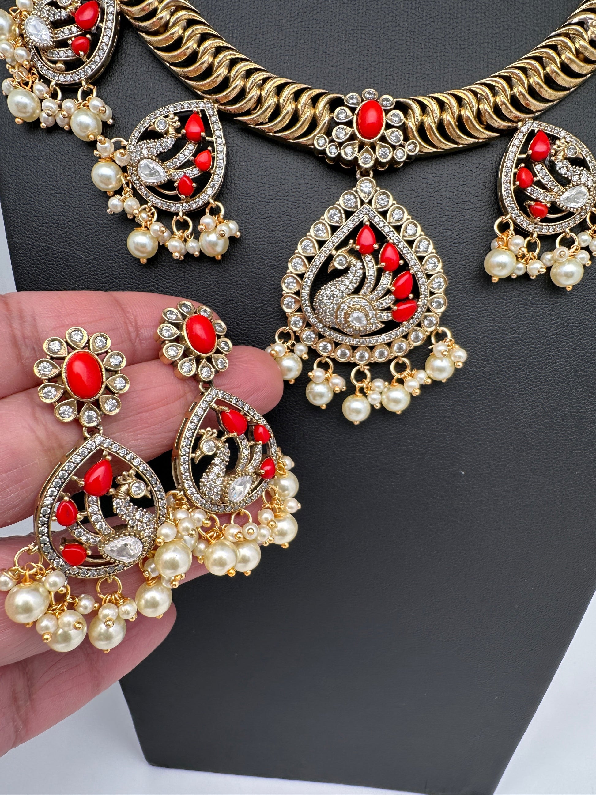 CZ Moissanite Peacock Mehendi Finish Jalebi Color Stone Necklace - Coral