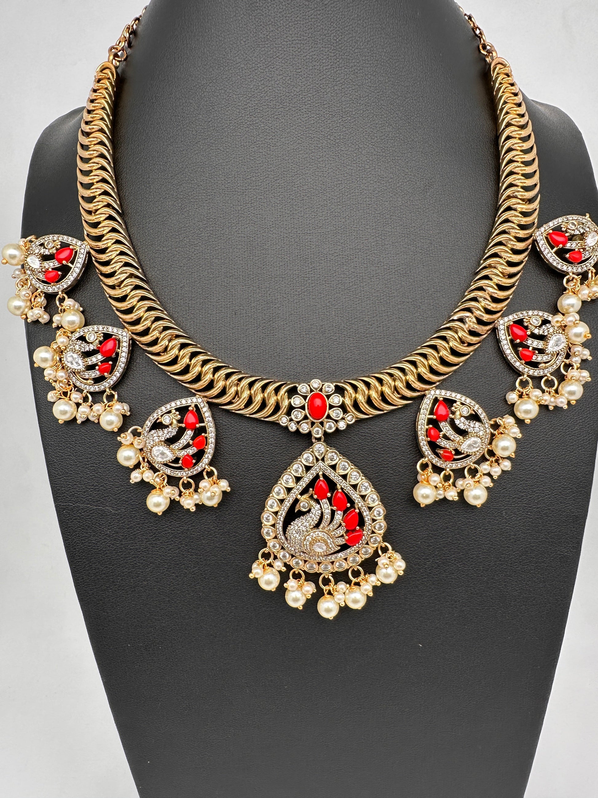 CZ Moissanite Peacock Mehendi Finish Jalebi Color Stone Necklace - Coral