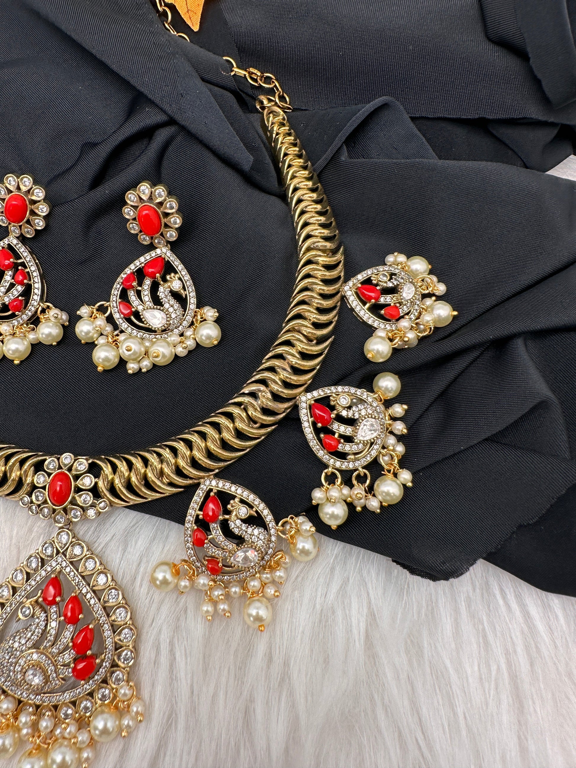 CZ Moissanite Peacock Mehendi Finish Jalebi Color Stone Necklace - Coral