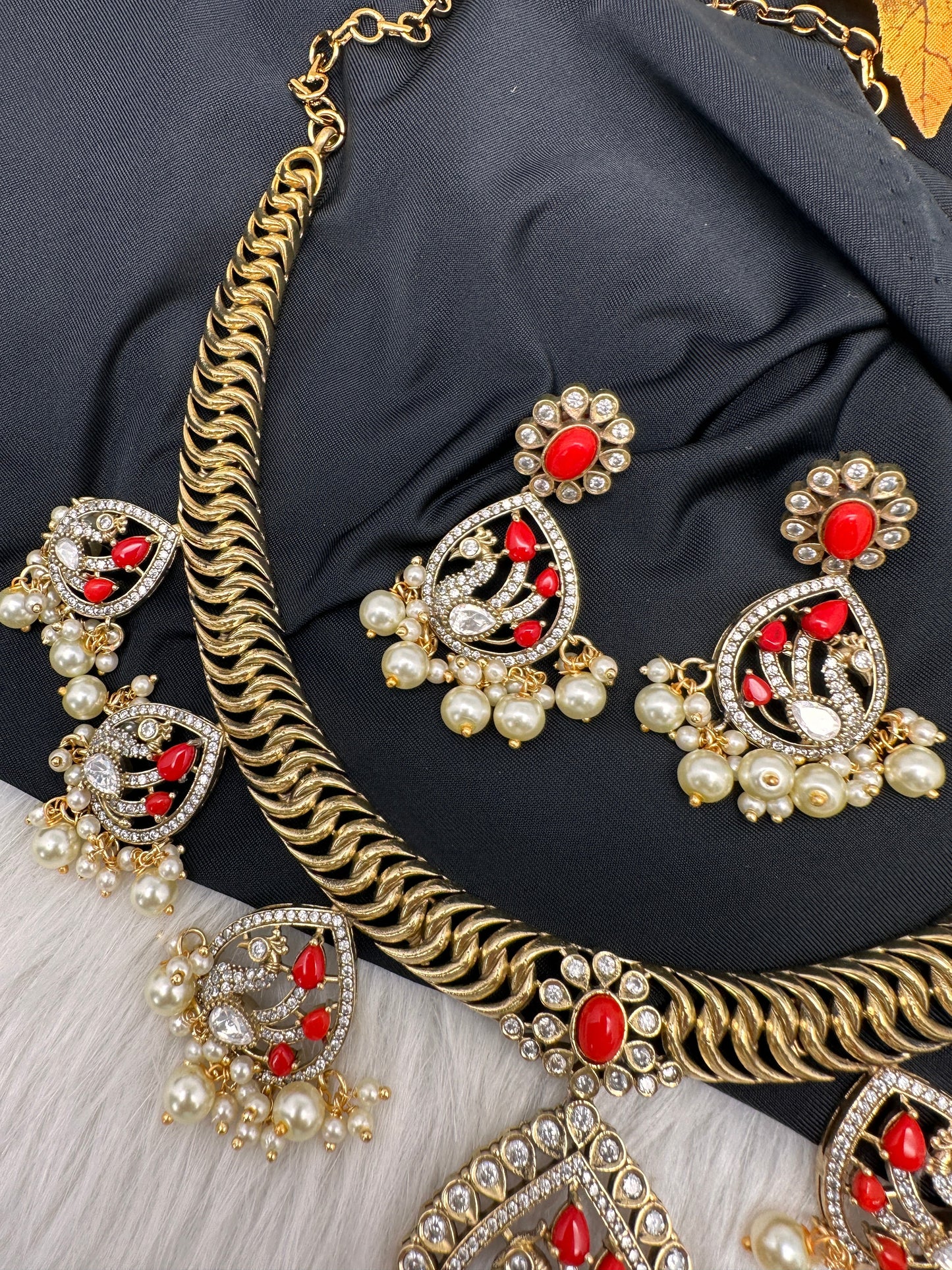 CZ Moissanite Peacock Mehendi Finish Jalebi Color Stone Necklace - Coral