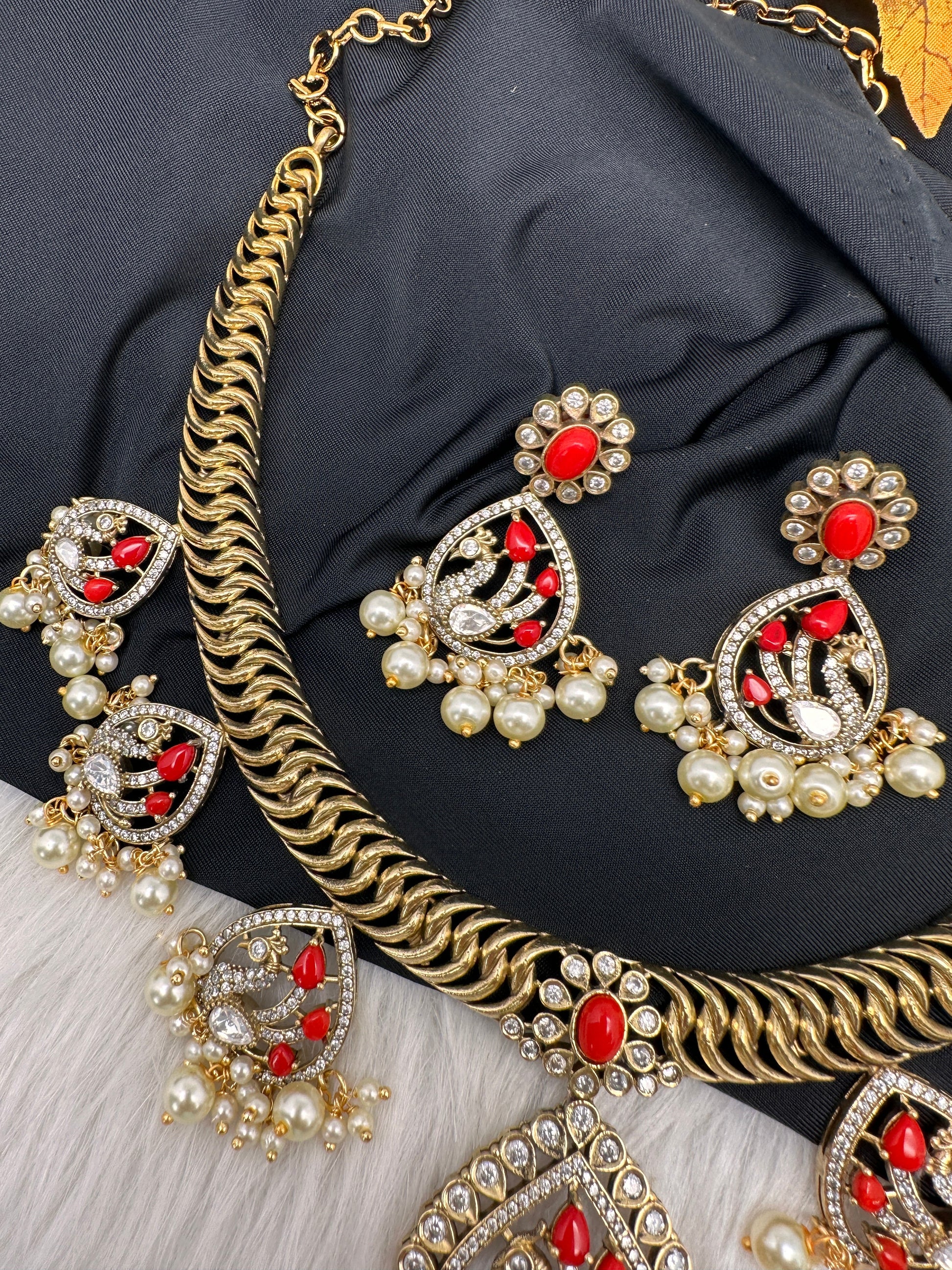CZ Moissanite Peacock Mehendi Finish Jalebi Color Stone Necklace - Coral
