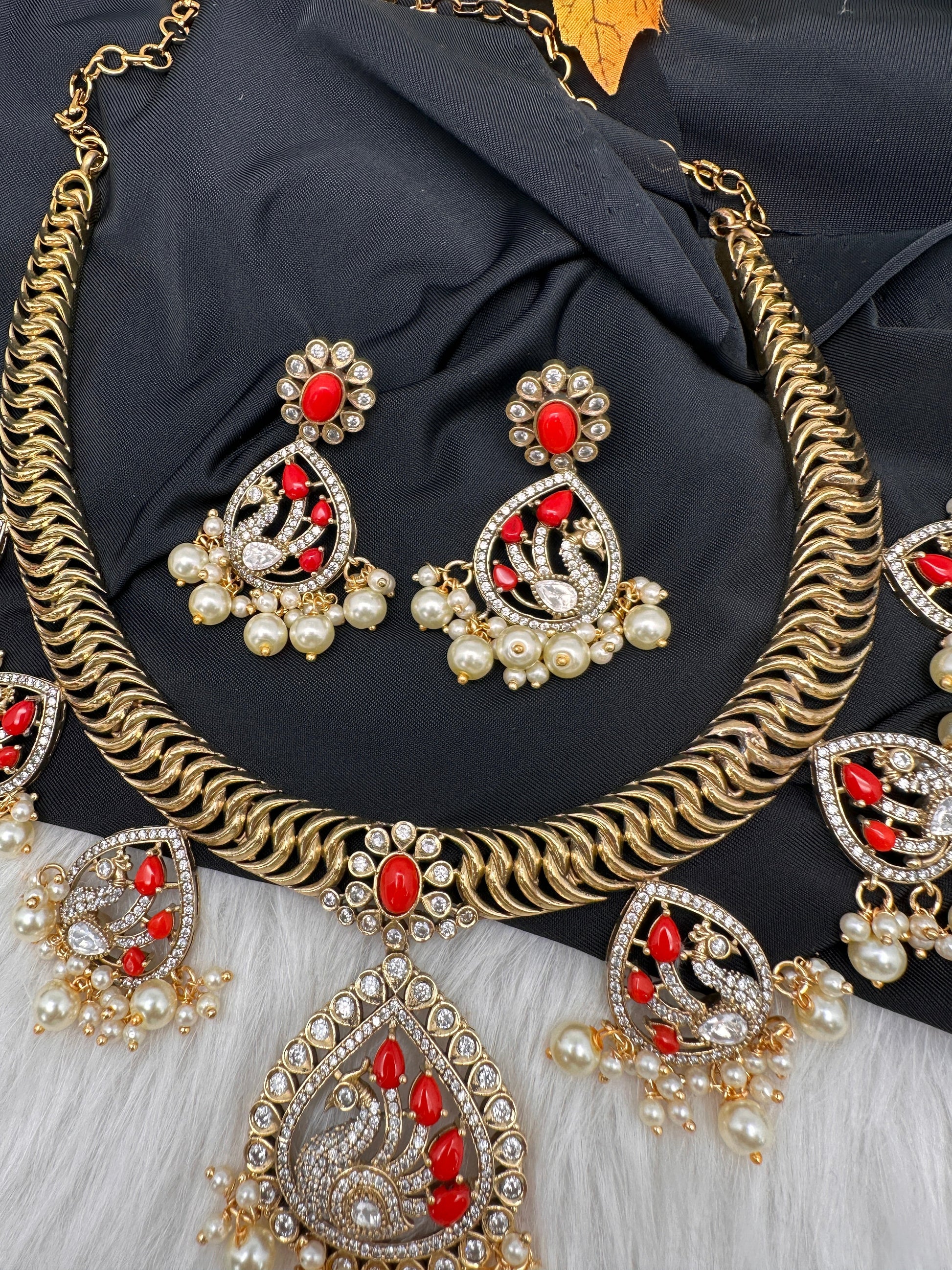 CZ Moissanite Peacock Mehendi Finish Jalebi Color Stone Necklace - Coral