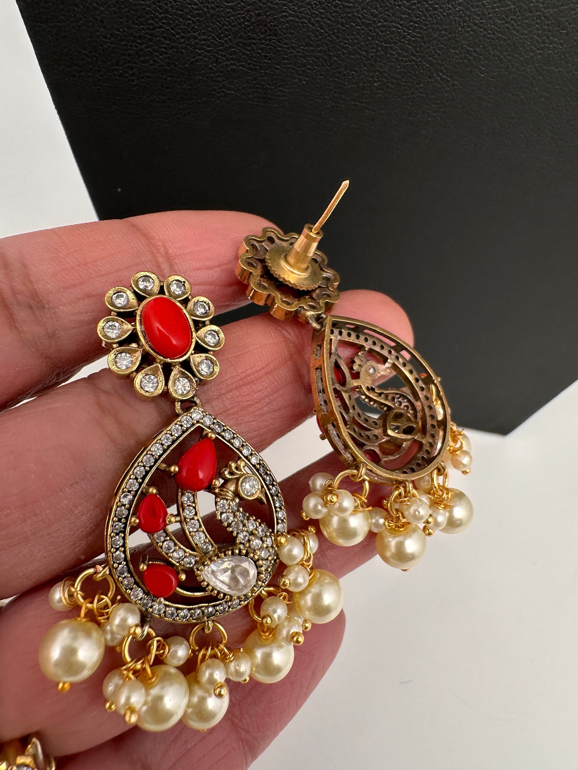 CZ Moissanite Peacock Mehendi Finish Jalebi Color Stone Necklace - Coral