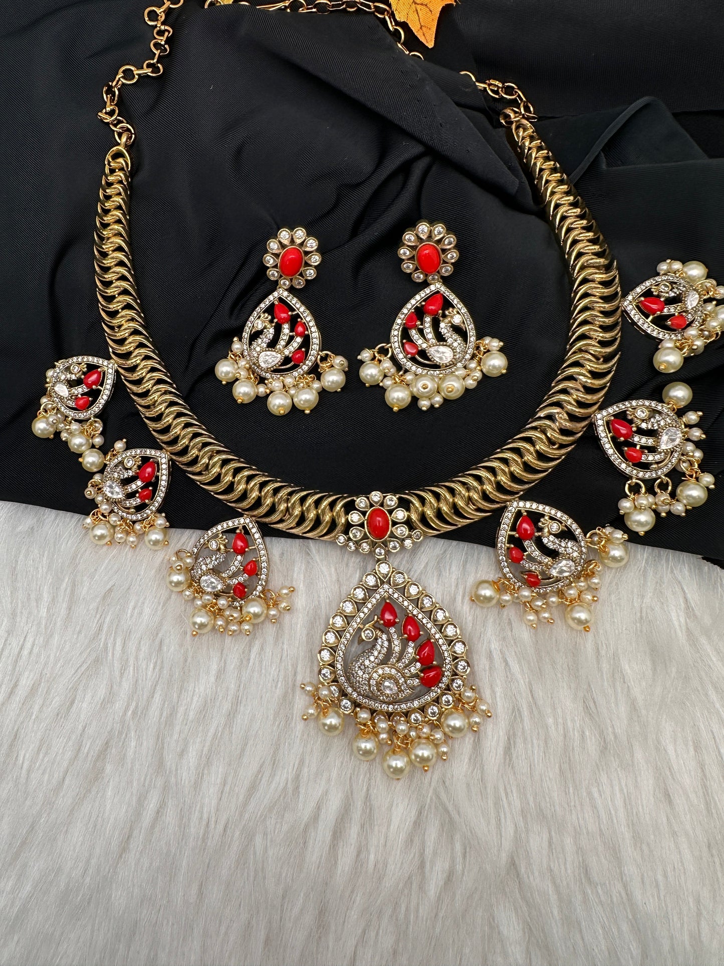 CZ Moissanite Peacock Mehendi Finish Jalebi Color Stone Necklace - Coral