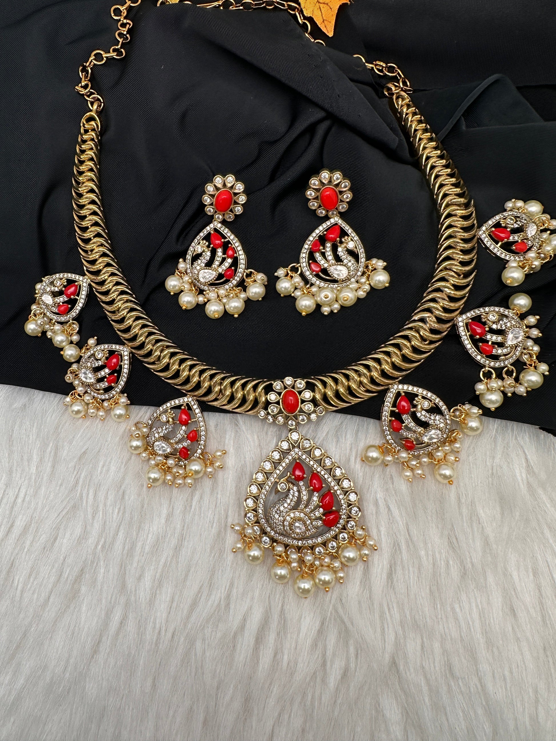 CZ Moissanite Peacock Mehendi Finish Jalebi Color Stone Necklace - Coral