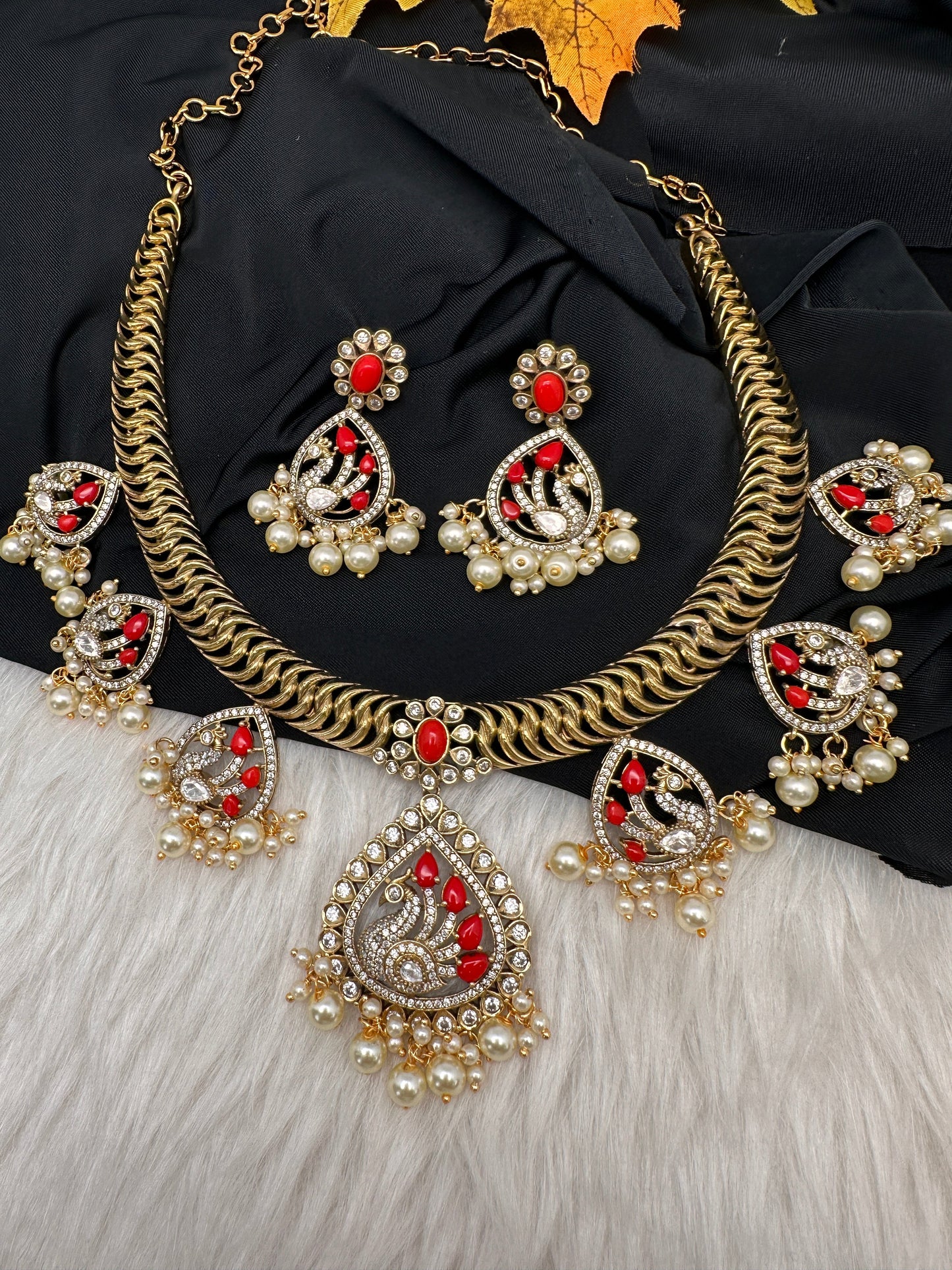 CZ Moissanite Peacock Mehendi Finish Jalebi Color Stone Necklace - Coral