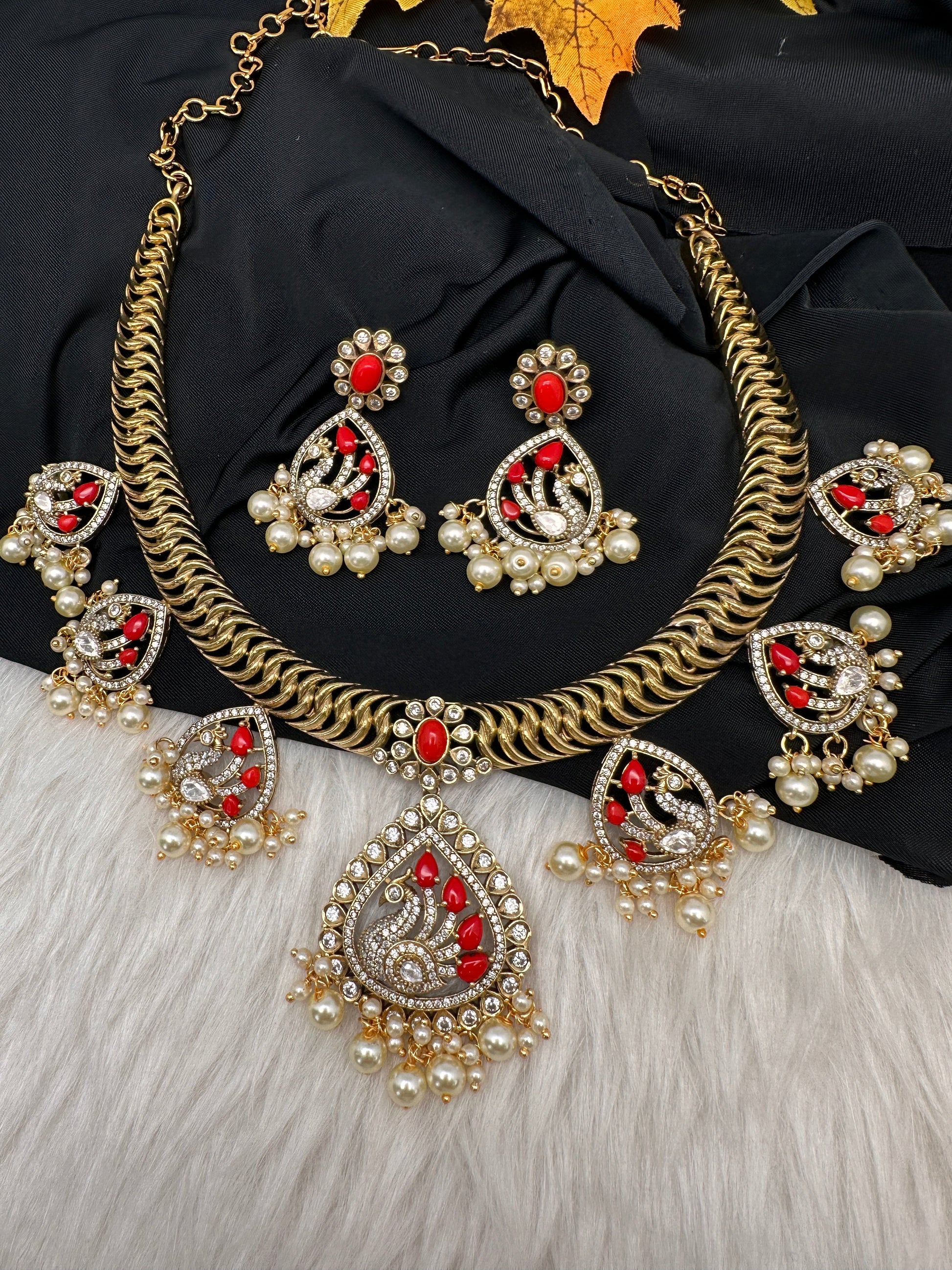 CZ Moissanite Peacock Mehendi Finish Jalebi Color Stone Necklace - Coral