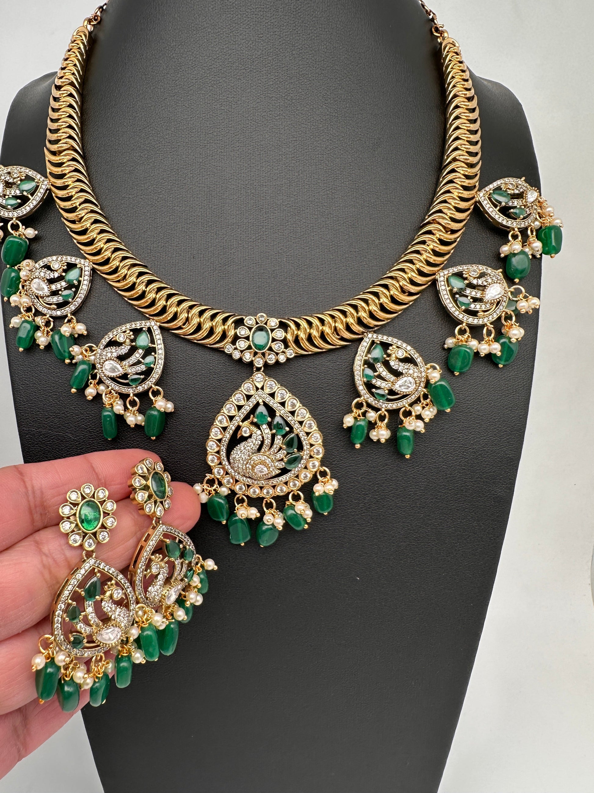 CZ Moissanite Peacock Mehendi Finish Jalebi Color Stone Necklace - Green