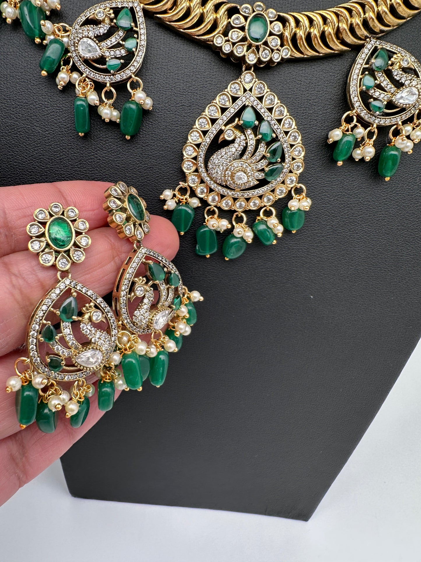 CZ Moissanite Peacock Mehendi Finish Jalebi Color Stone Necklace - Green