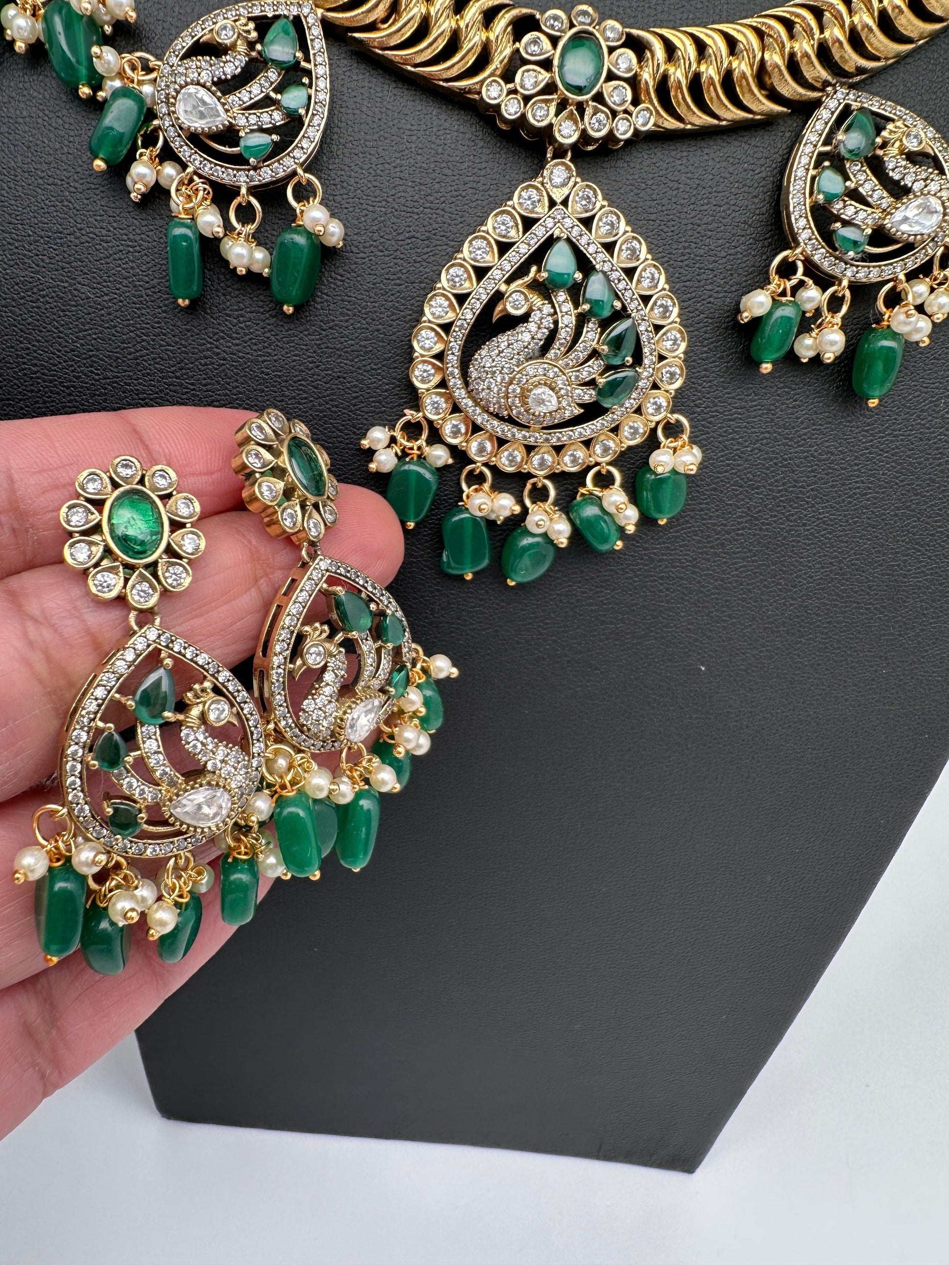 CZ Moissanite Peacock Mehendi Finish Jalebi Color Stone Necklace - Green