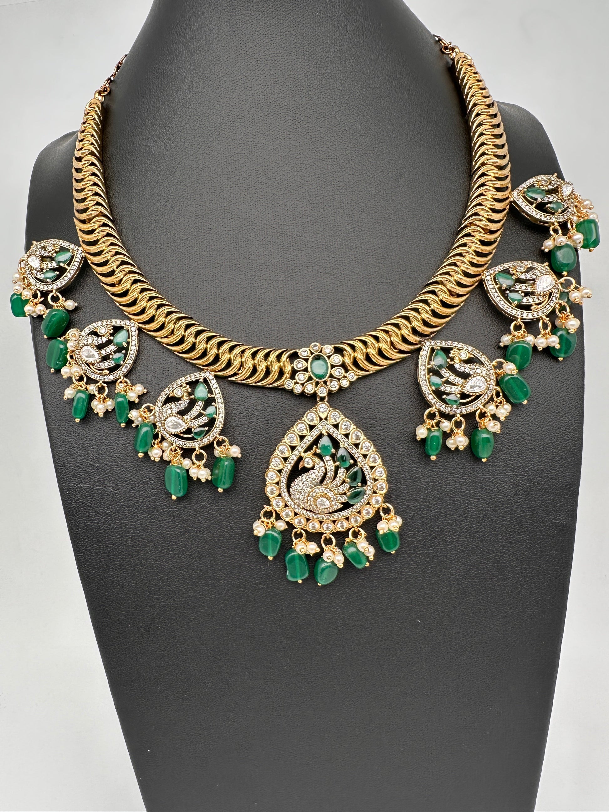 CZ Moissanite Peacock Mehendi Finish Jalebi Color Stone Necklace - Green