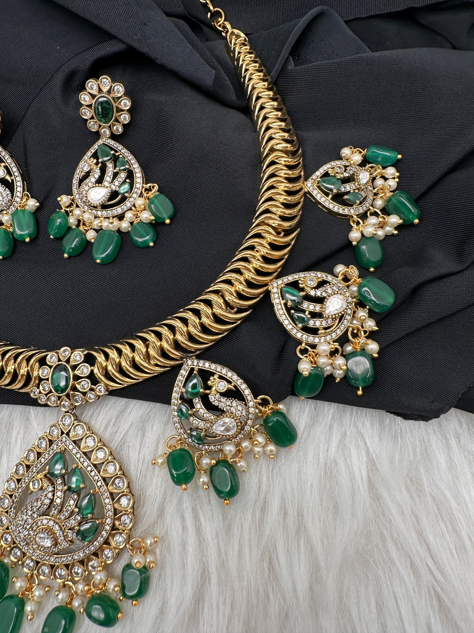 CZ Moissanite Peacock Mehendi Finish Jalebi Color Stone Necklace - Green