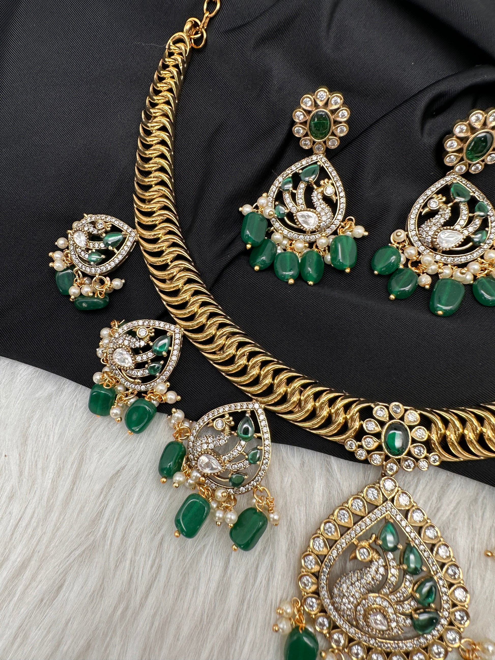 CZ Moissanite Peacock Mehendi Finish Jalebi Color Stone Necklace - Green